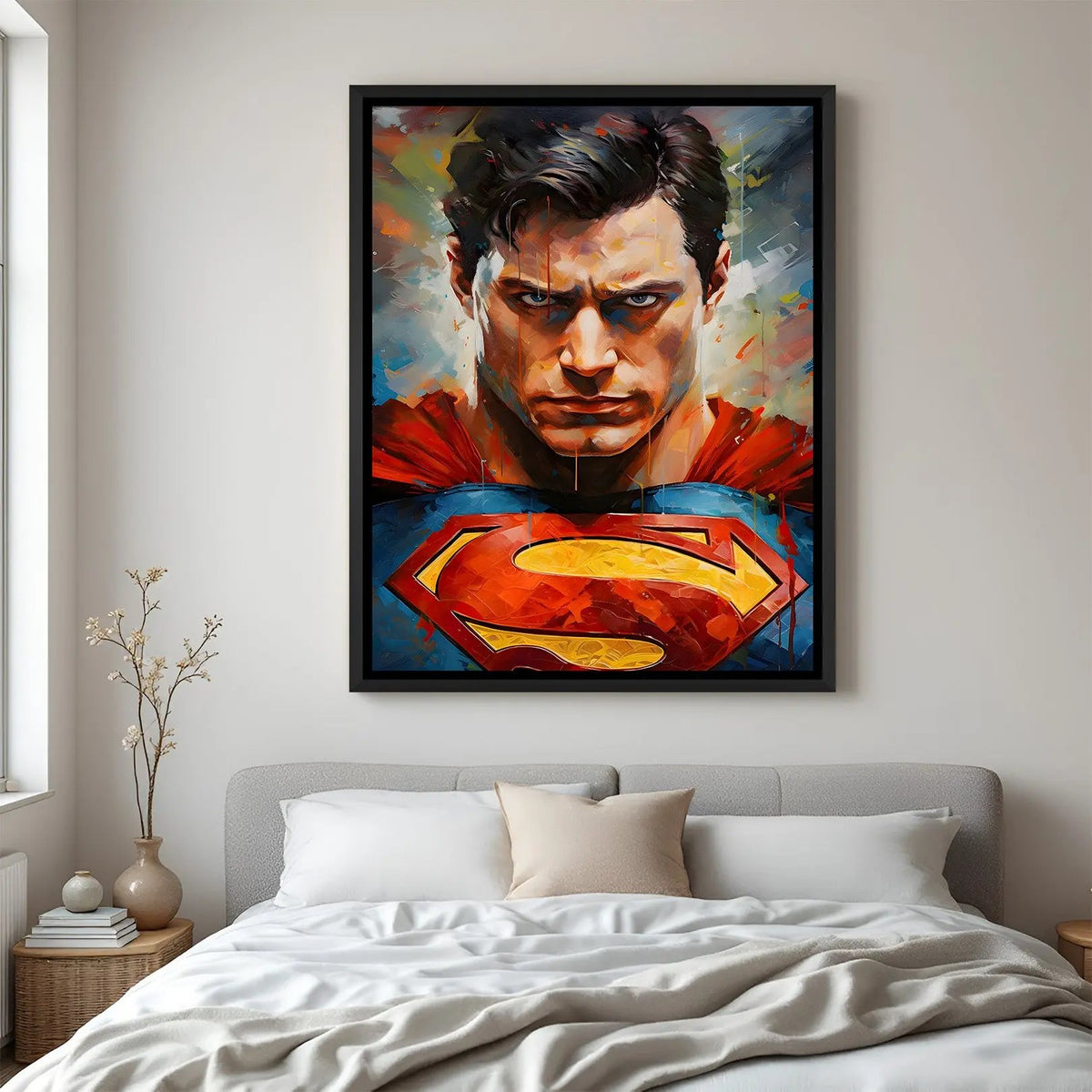 Superman Brushstroke Legacy wall painting in black floater frame with artistic painted superhero portrait