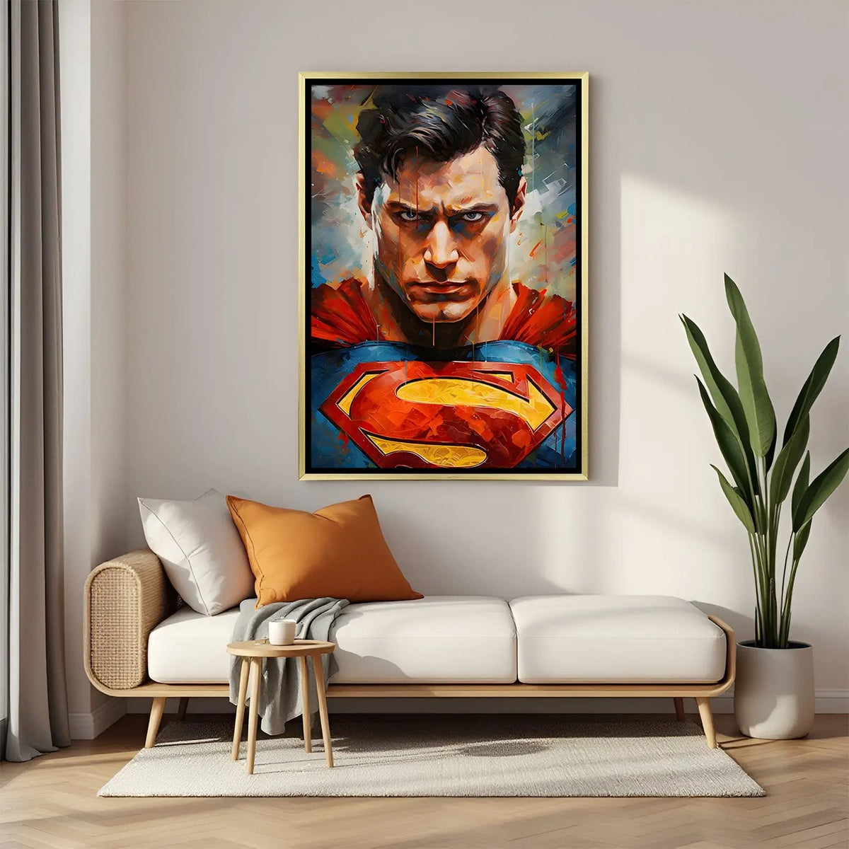 Superman Brushstroke Legacy artwork in luxury golden floater frame featuring hand-painted style superhero face