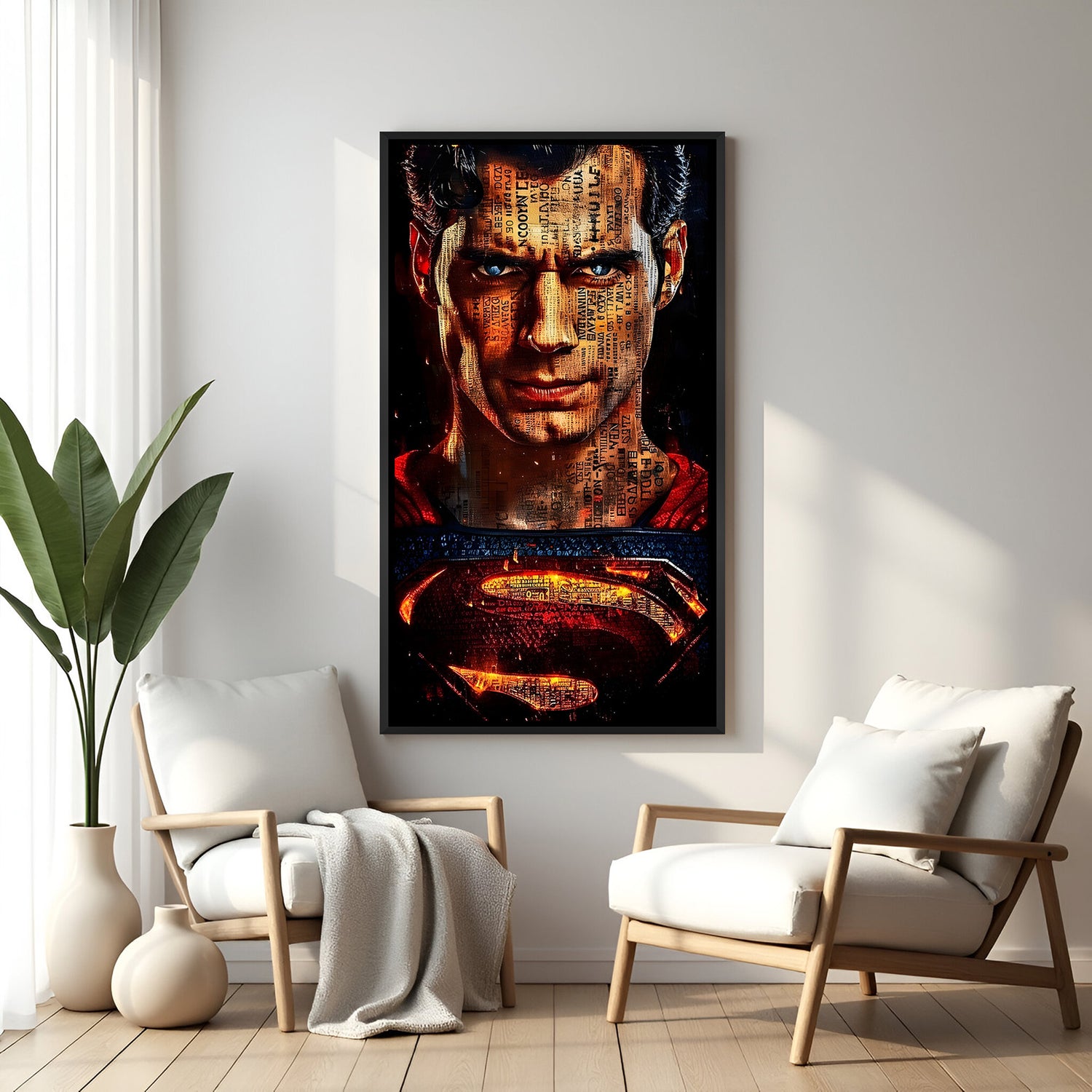 Superman Chronicle Portrait wall painting in black floater frame with cinematic superhero artwork
