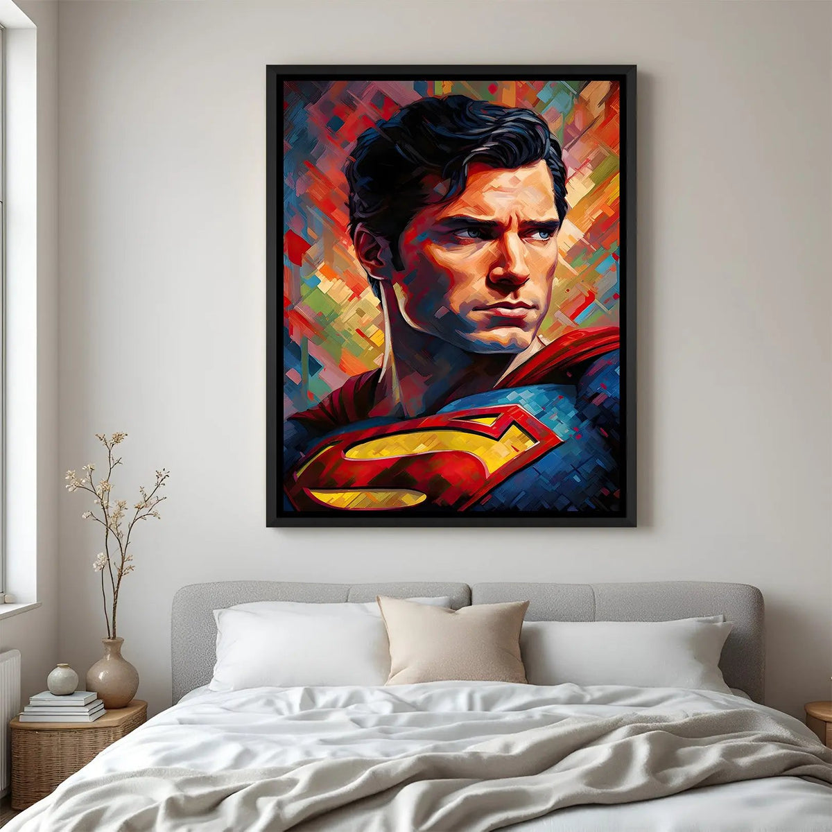 Superman Eternal Guardian wall painting in black floater frame with dramatic close-up superhero portrait