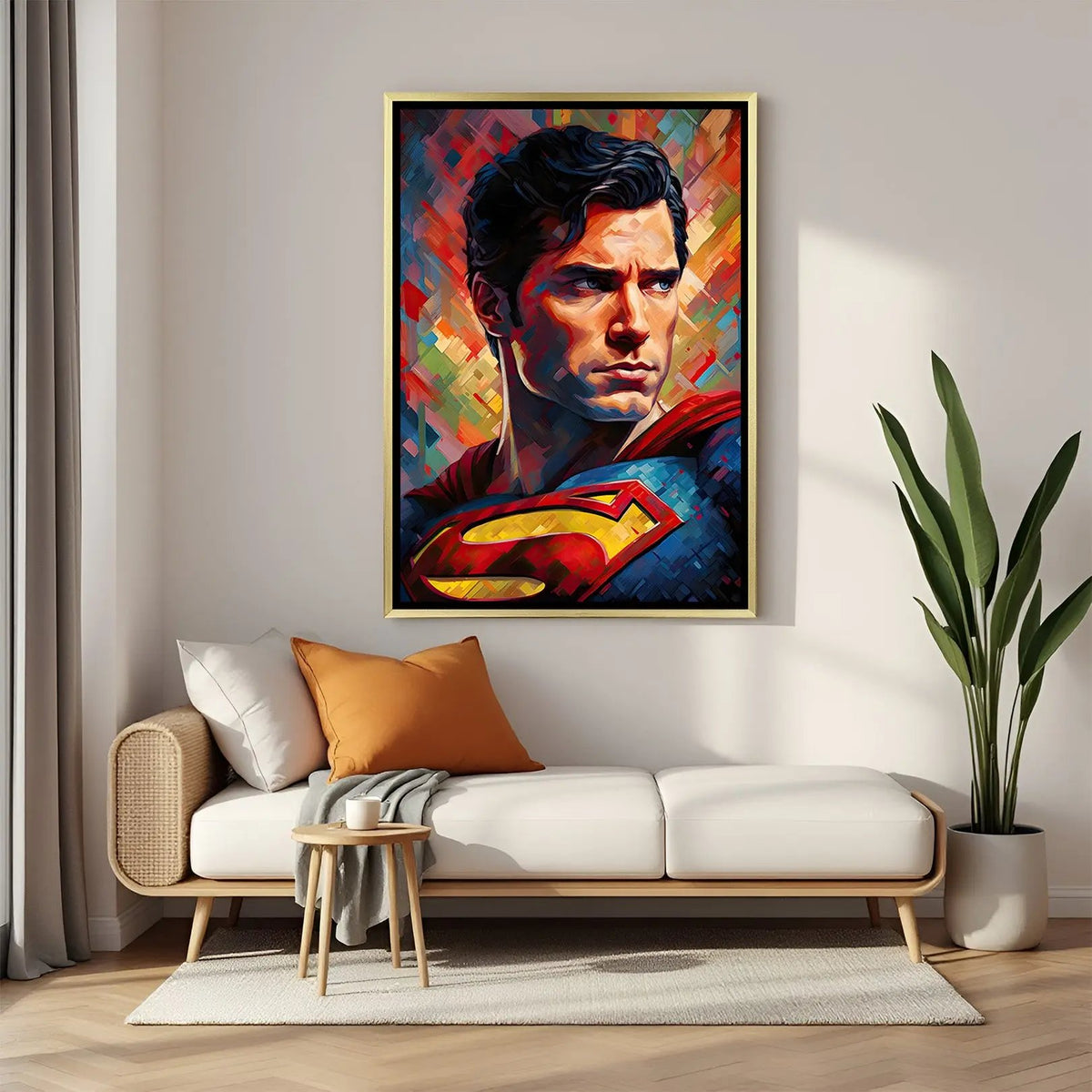 Superman Eternal Guardian artwork in luxury golden floater frame featuring iconic superhero face artwork