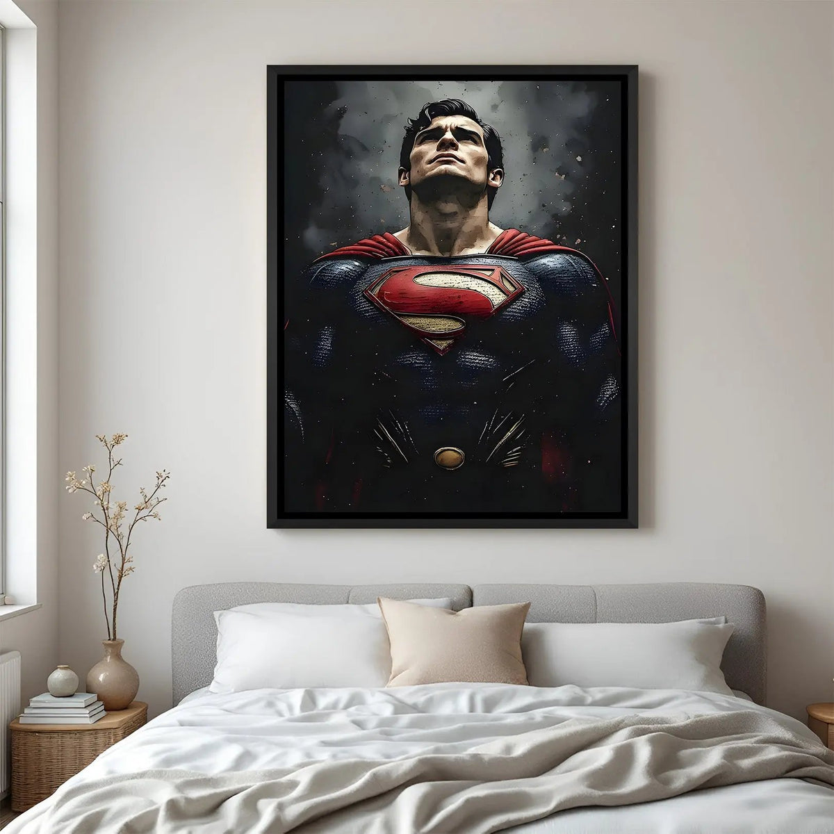 Superman Horizon of Hope wall painting in black floater frame with emotional superhero artwork looking toward the sky