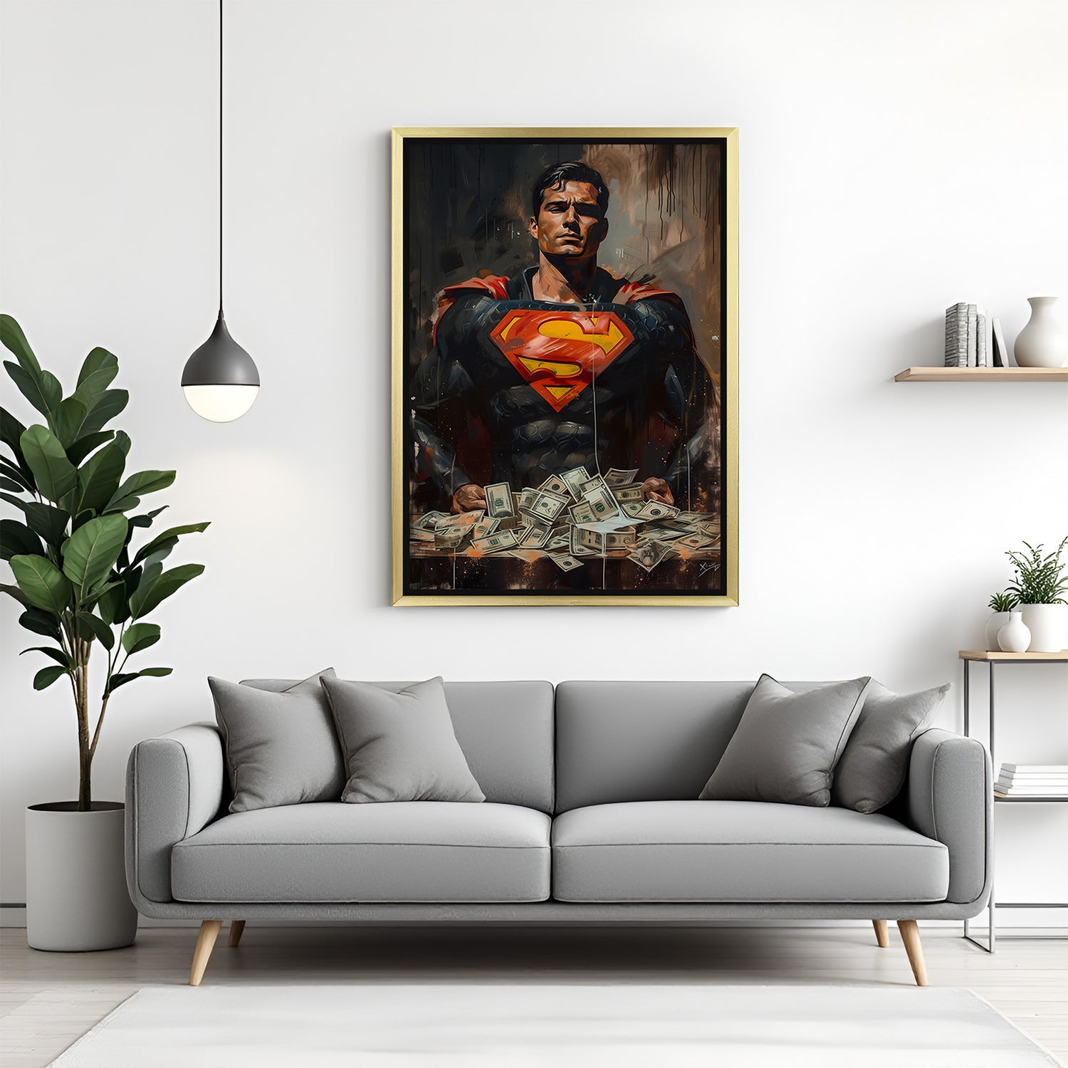 Canvas print of Superman with a cash background in modern art style, displayed in golden floater frame for upscale wall decoration