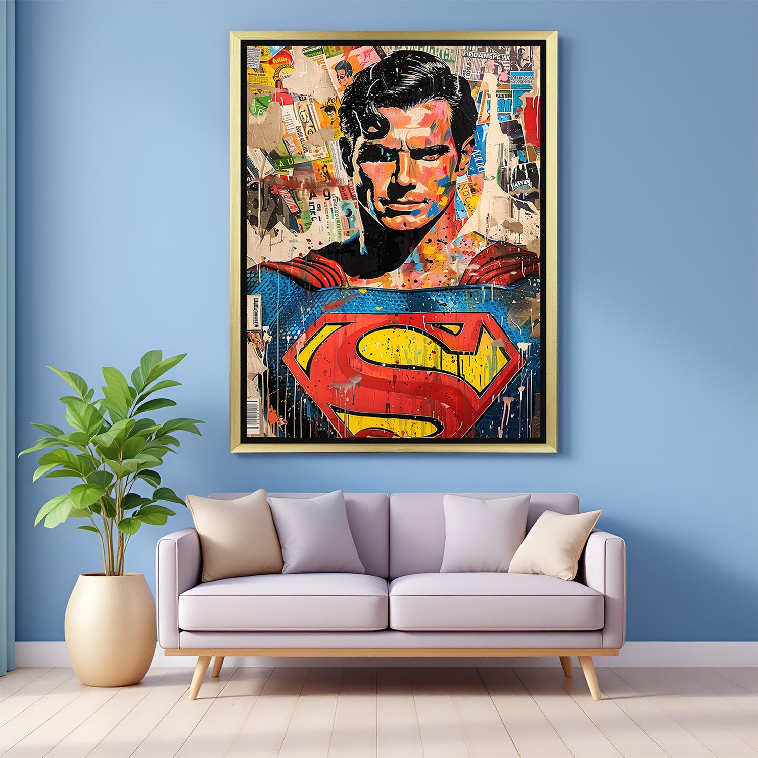 Golden-framed canvas print of Superman in modern painted look—powerful superhero wall art for vibrant and inspiring room decor
