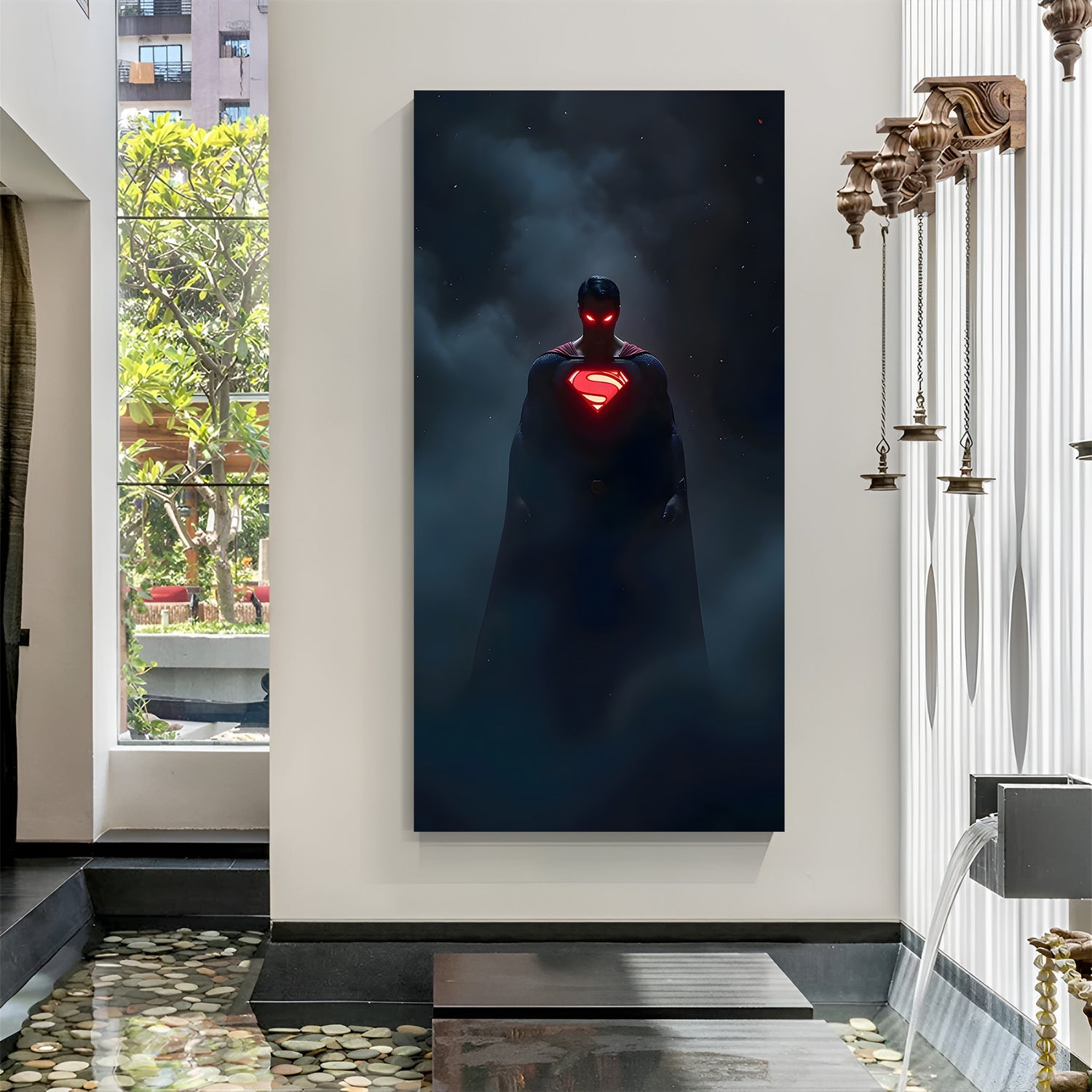 Superman Rage Unleashed canvas wall art featuring glowing red eyes and dark cinematic background in canvas wrapped frame