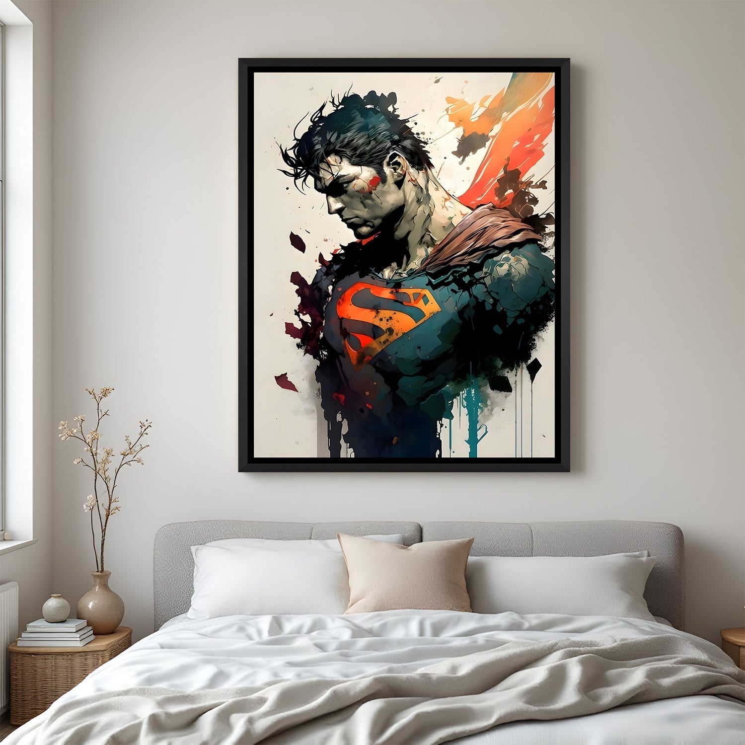 Superman Shadow of Strength wall painting in black floater frame with cinematic side pose superhero artwork