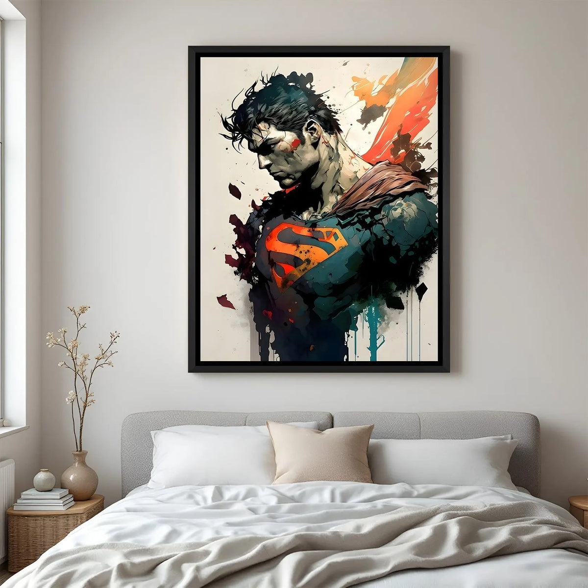 Superman Shadow of Strength wall painting in black floater frame with cinematic side pose superhero artwork
