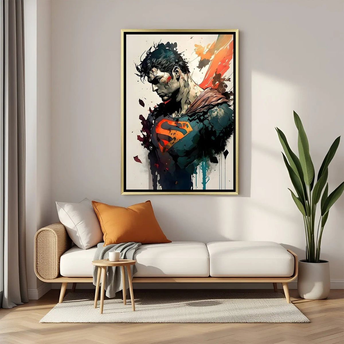 Superman Shadow of Strength artwork in luxury golden floater frame featuring iconic side profile superhero design
