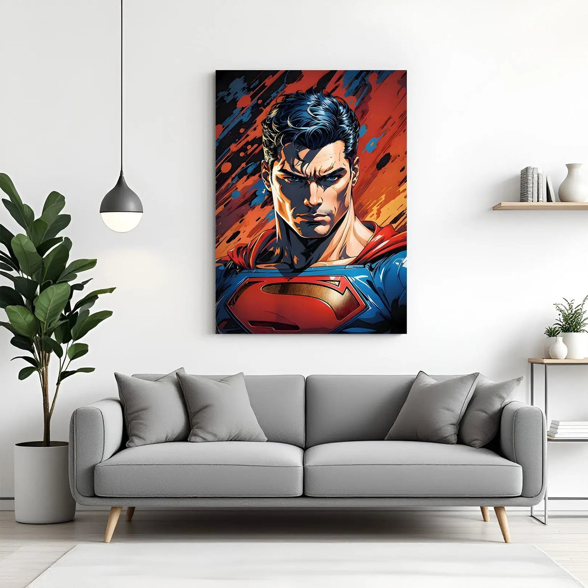 Superman Steel Resolve canvas wall art featuring intense close-up superhero face portrait in premium canvas wrapped frame