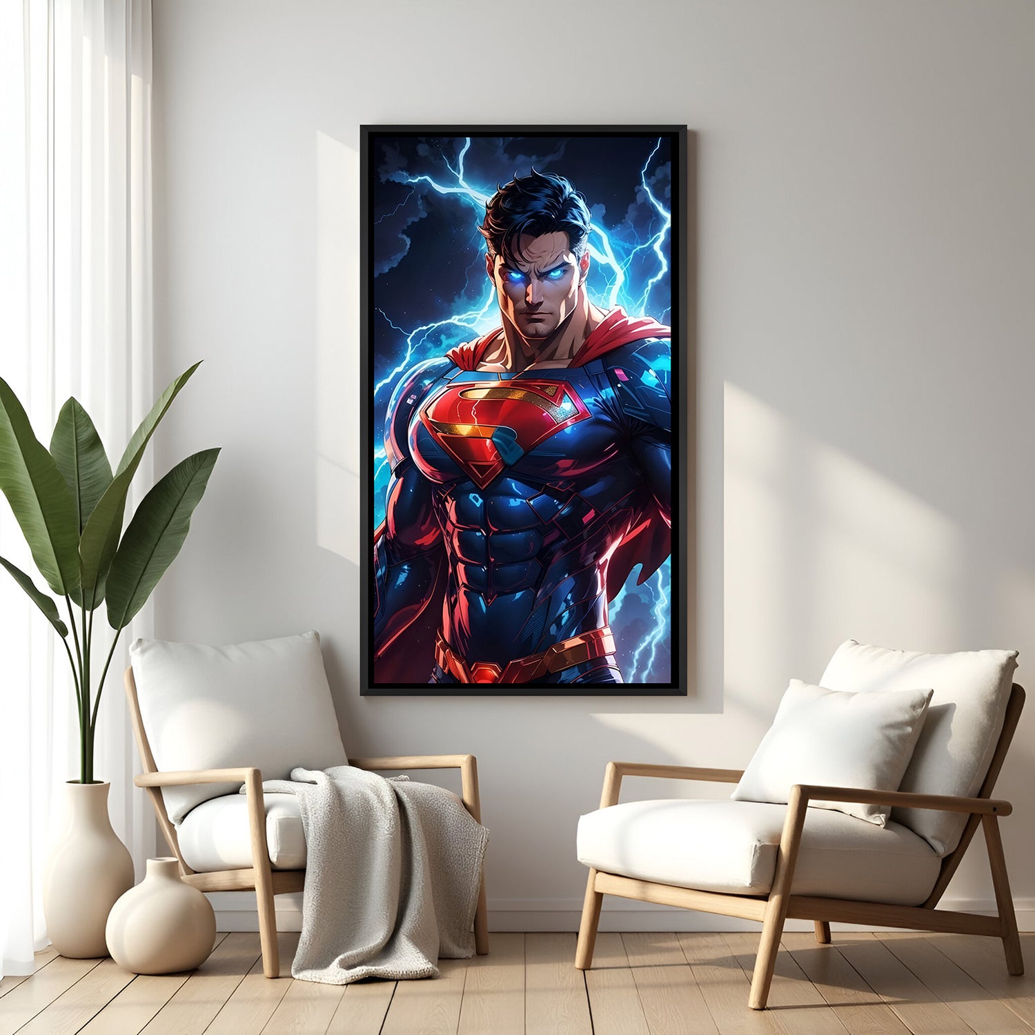 Superman cosmic power canvas art in black floater frame - dramatic DC wall decor