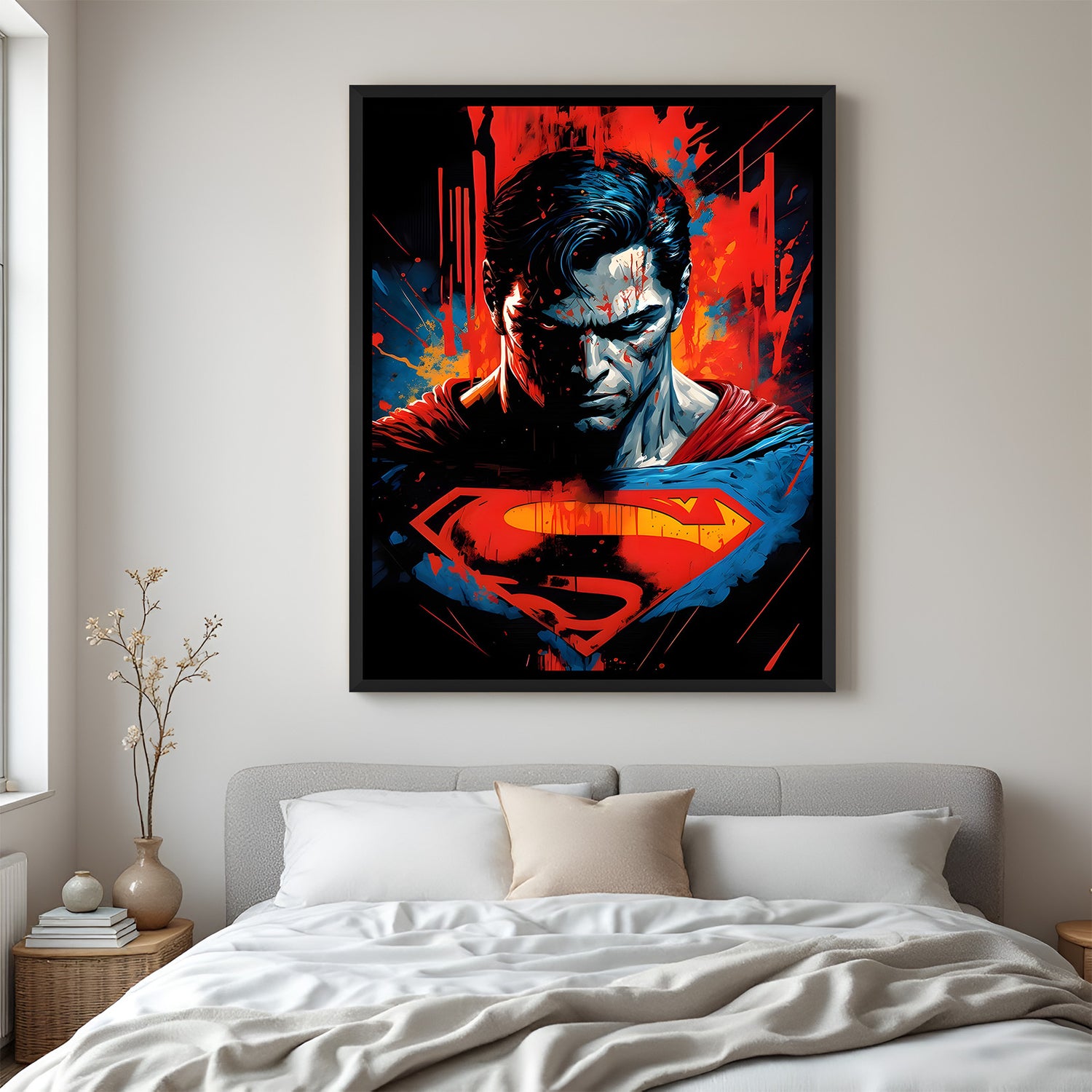 Superman Vision of Valor wall painting in elegant black floater frame with dramatic close-up superhero artwork