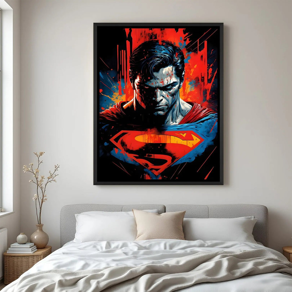 Superman Vision of Valor wall painting in elegant black floater frame with dramatic close-up superhero artwork