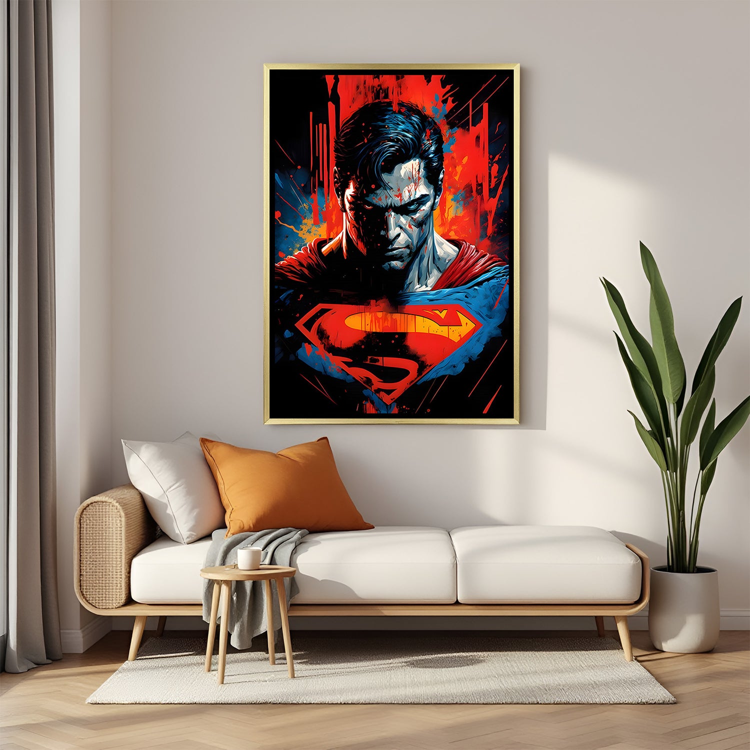 Superman Vision of Valor artwork in luxury golden floater frame featuring powerful cinematic superhero portrait