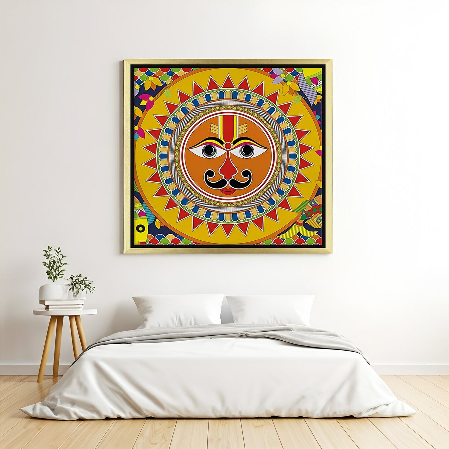 Golden frame Surya Devta canvas painting – Indian spiritual wall art for powerful and divine decor in homes and offices