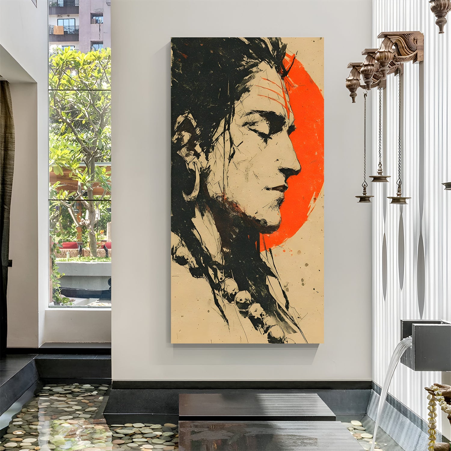 Stylized Lord Shiva high-definition print against orange circular background in premium canvas wrapped frame