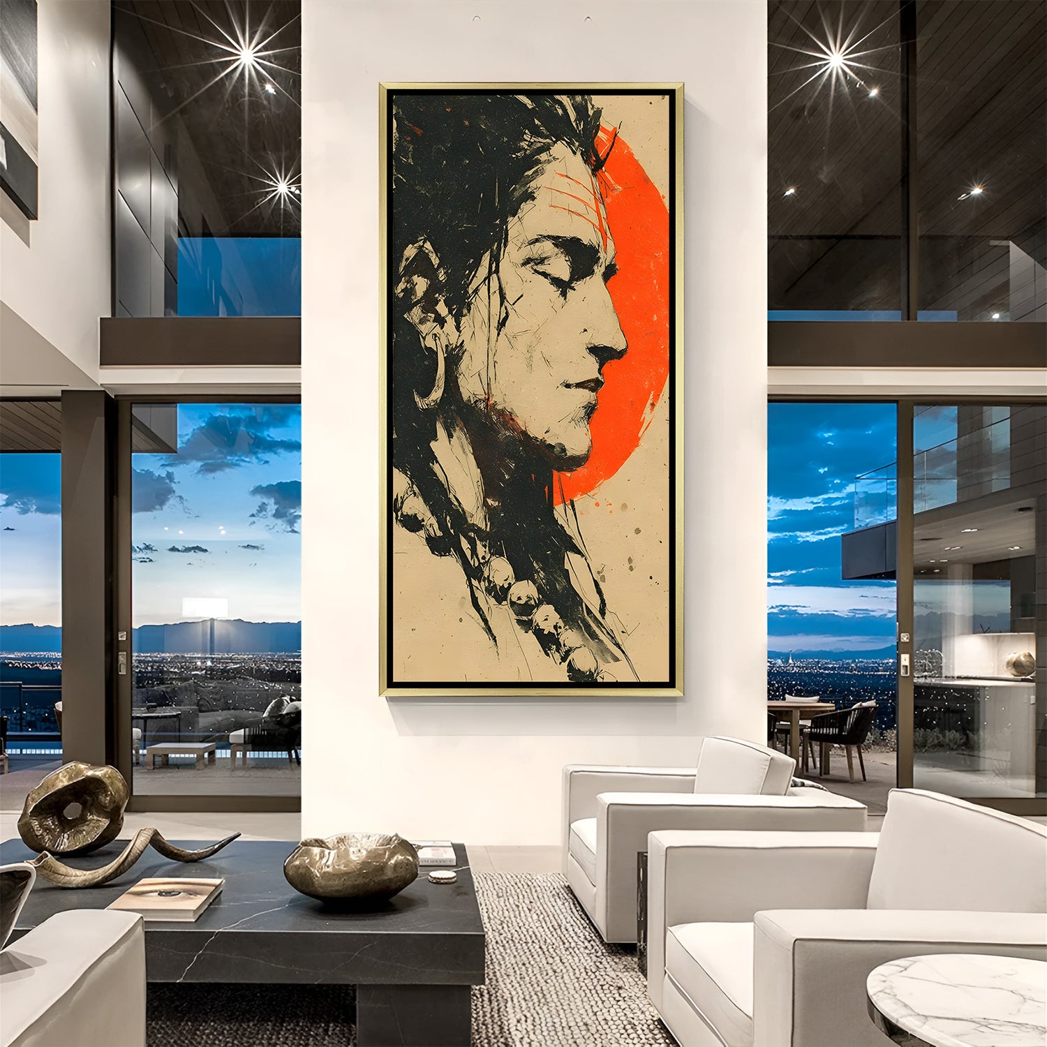 Lord Shiva stylized canvas painting with orange circular aura in luxurious golden floater frame