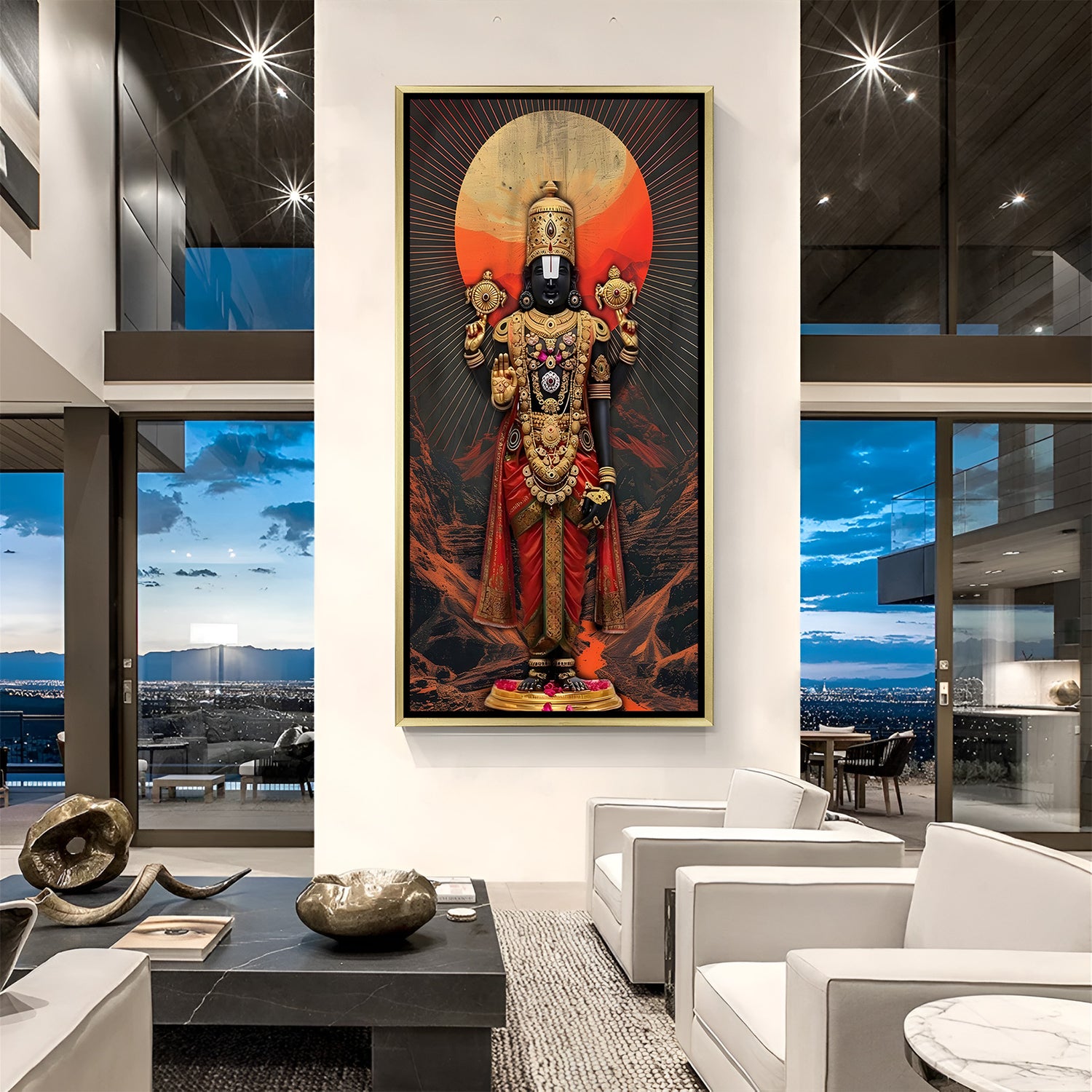 Lord Tirupati Balaji canvas painting with glowing sun backdrop in luxurious golden floater frame