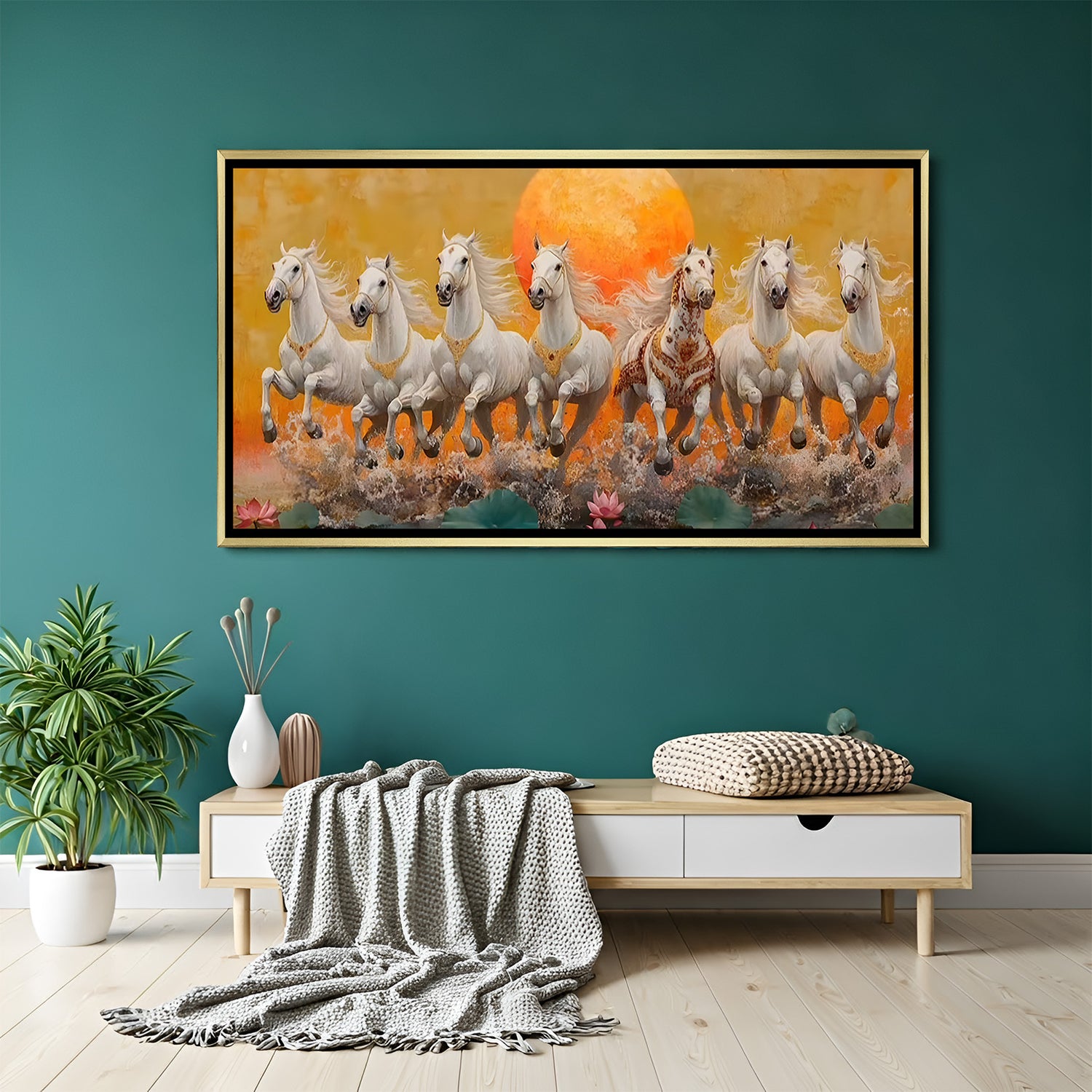 Seven white horses prosperity canvas painting with lotus flowers in luxurious golden floater frame