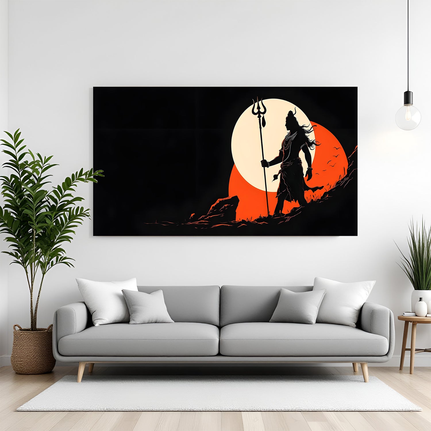 Lord Shiva silhouette holding a trident against a large sun canvas wall art in premium canvas wrapped frame