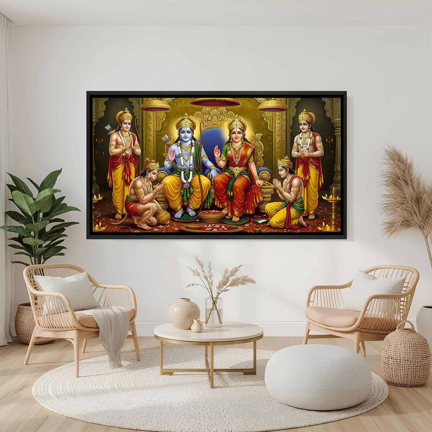 Royal Ram Darbar devotional artwork in elegant black floater frame with Rama Sita Lakshmana Bharata Shatrughna and Hanuman