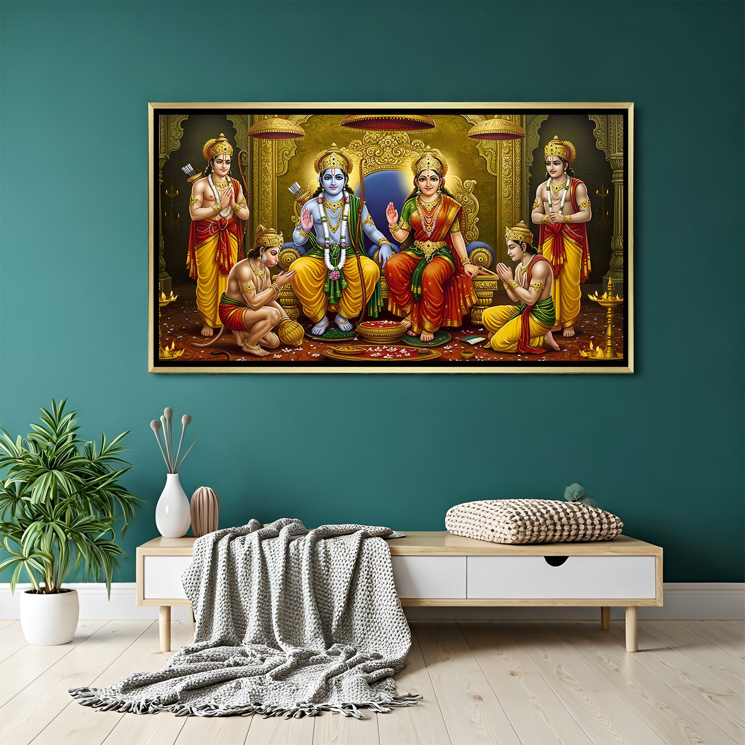 Divine Ram Darbar canvas painting in luxurious golden floater frame featuring the royal family of Ayodhya