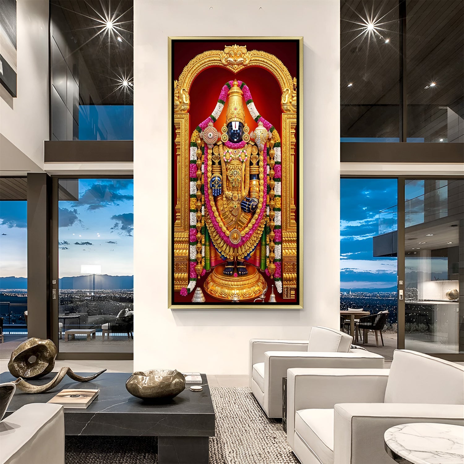 Traditional Tirupati Balaji canvas painting with sacred golden archway in luxurious golden floater frame