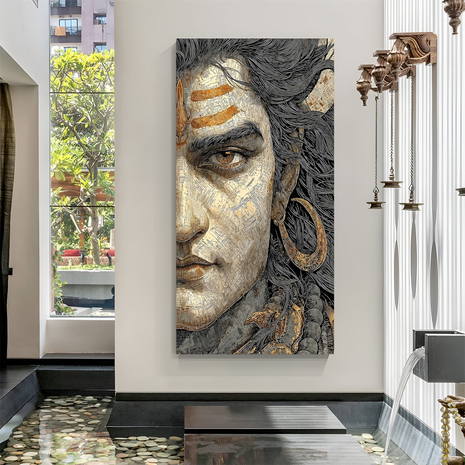 Lord Shiva intricate line art with gold accents canvas wall painting in premium canvas wrapped frame