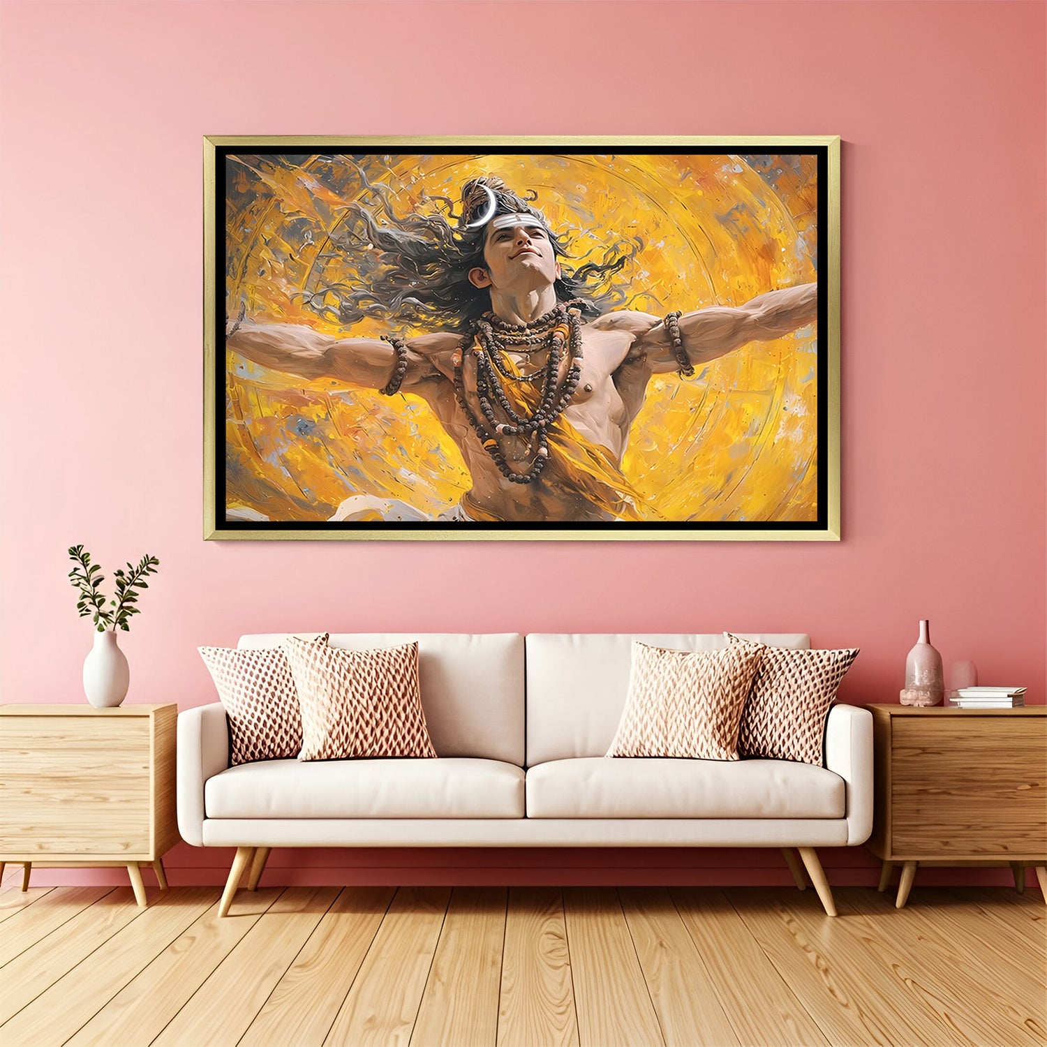 Golden Lord Shiva cosmic dance canvas painting in luxurious golden floater frame with vibrant artistic textures