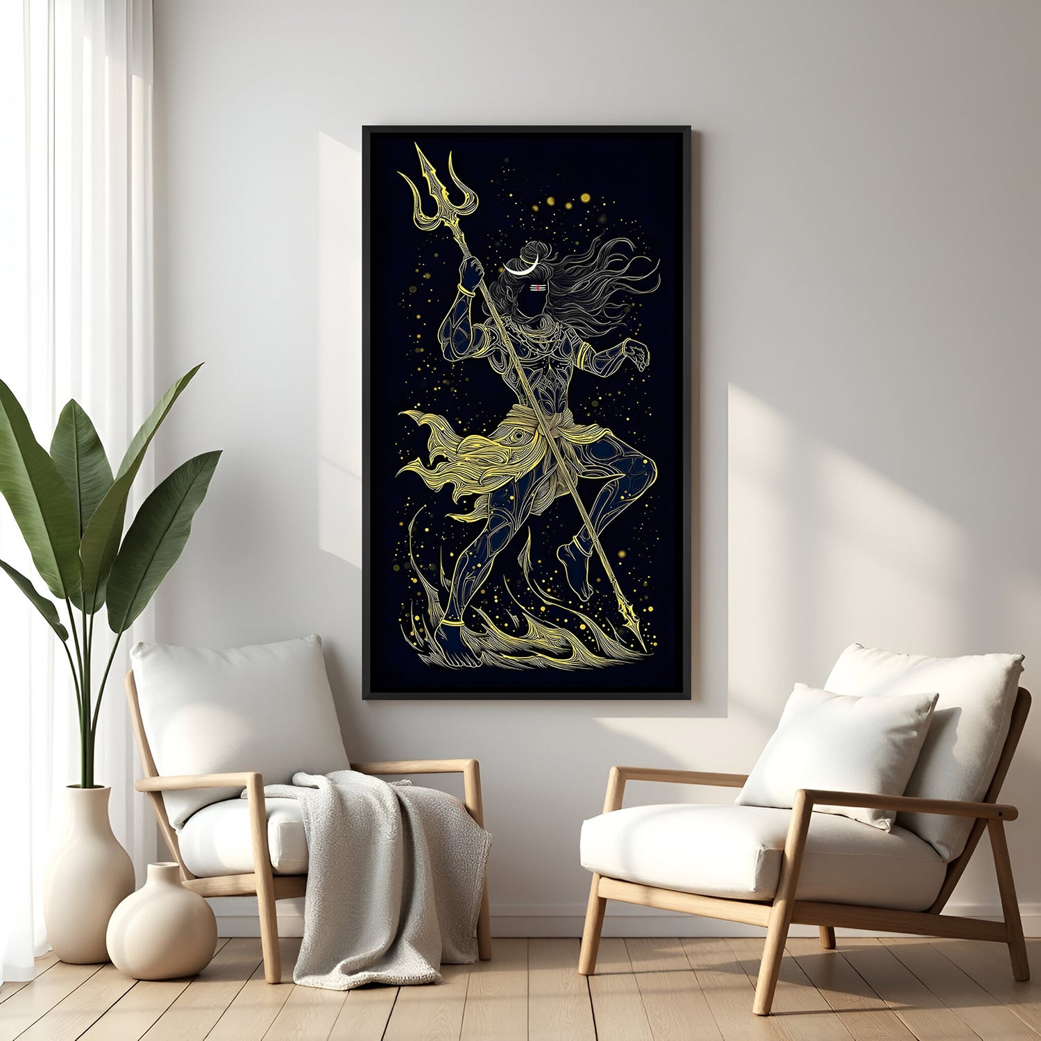 Golden Mahadev silhouette with Trident and cosmic stars in elegant black floater frame