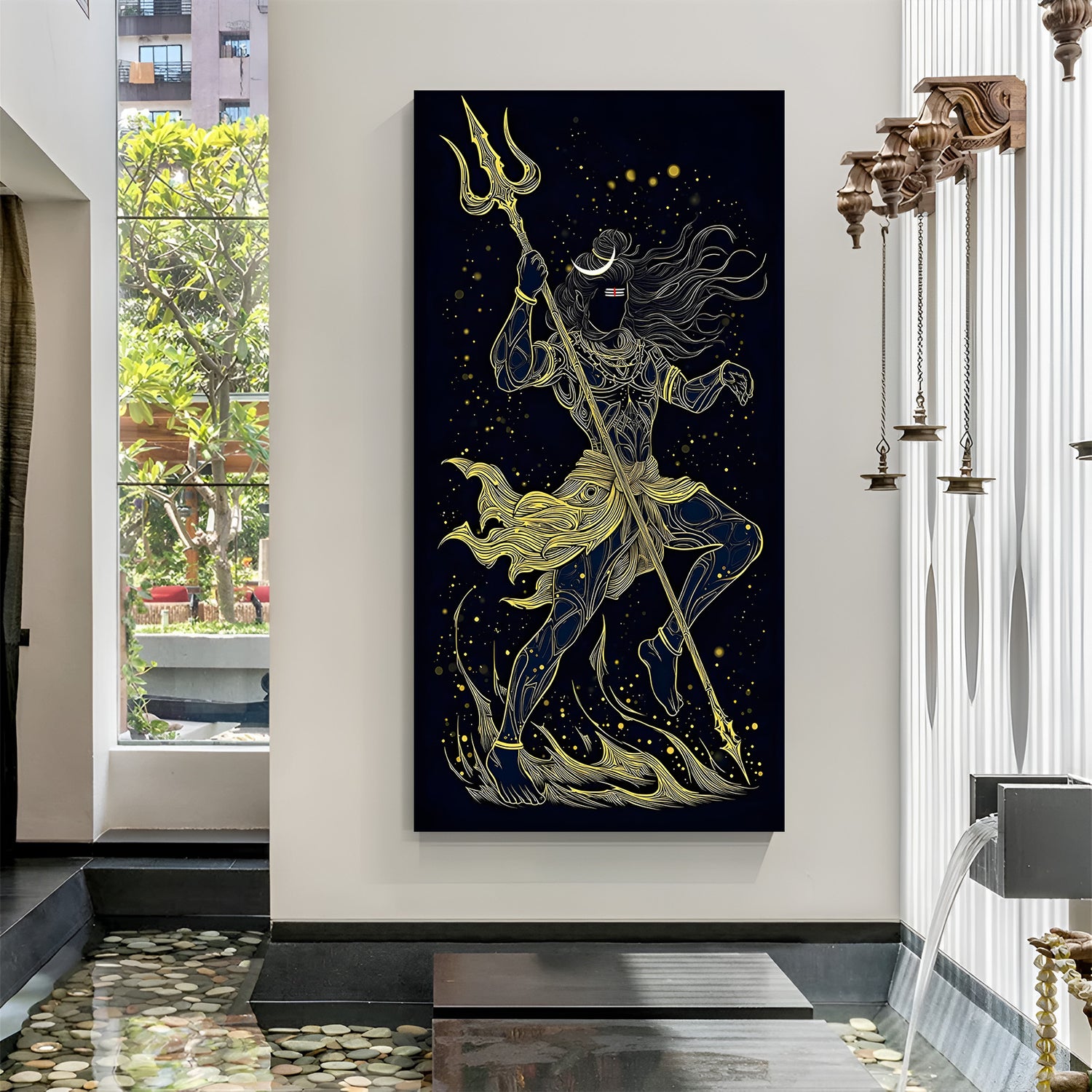 Golden outline of Lord Shiva holding a Trishul against a star-filled sky in premium canvas wrapped frame