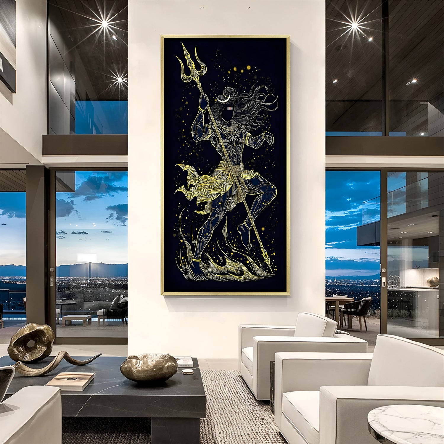 Lord Shiva celestial canvas painting with golden outline and starry night background in luxurious golden floater frame