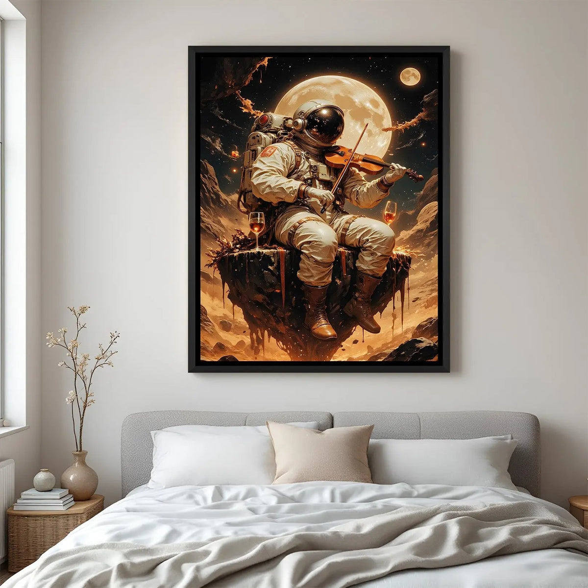 Astronaut violin space artwork in elegant black floater frame featuring celestial music-inspired design