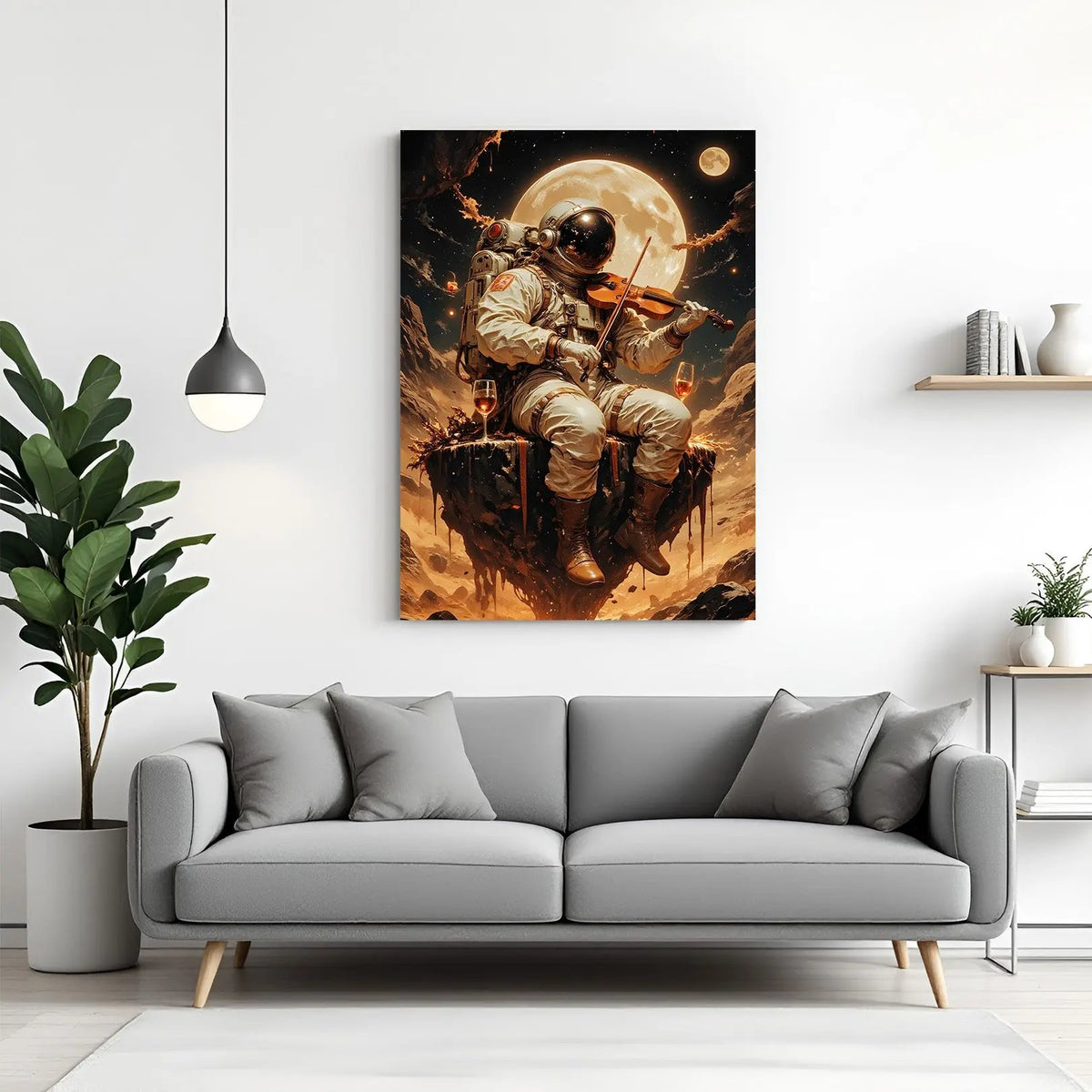 Astronaut playing violin in space canvas wall art in premium wrapped frame with stunning galaxy background
