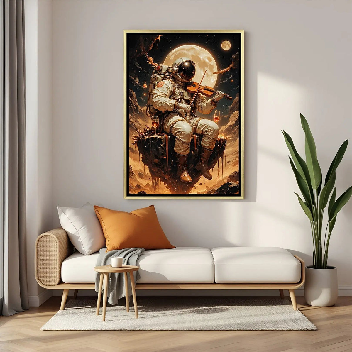 Luxury astronaut playing violin canvas artwork in golden floater frame with vibrant cosmic scenery