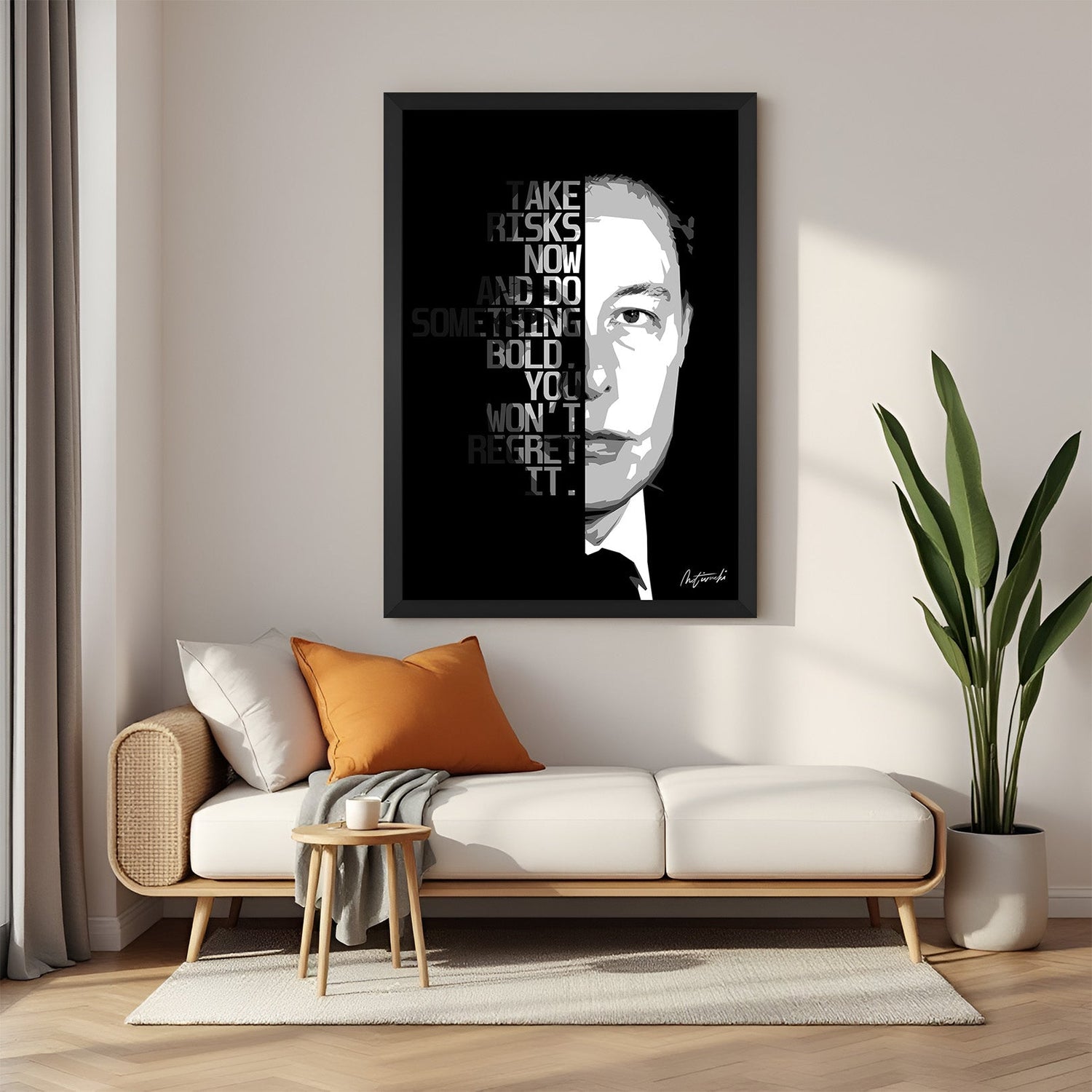 Black frame motivational canvas printed wall art with Elon Musk bold risk quote
