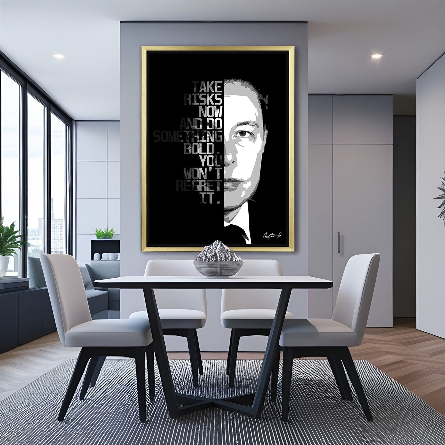 Golden frame inspirational canvas printed wall art with Elon Musk quote on risk