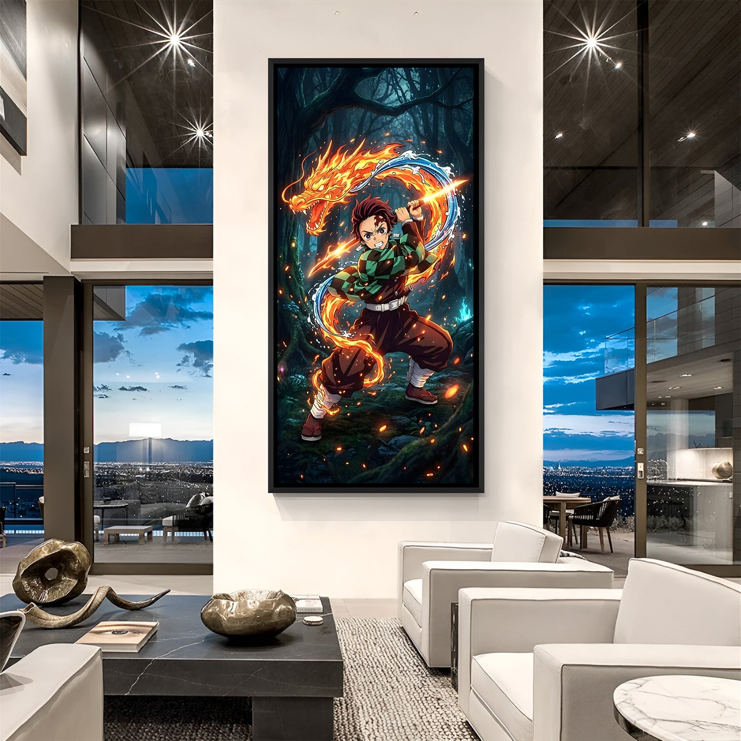 Tanjiro Kamado fighting anime canvas artwork with fire and water effects in premium black floater frame