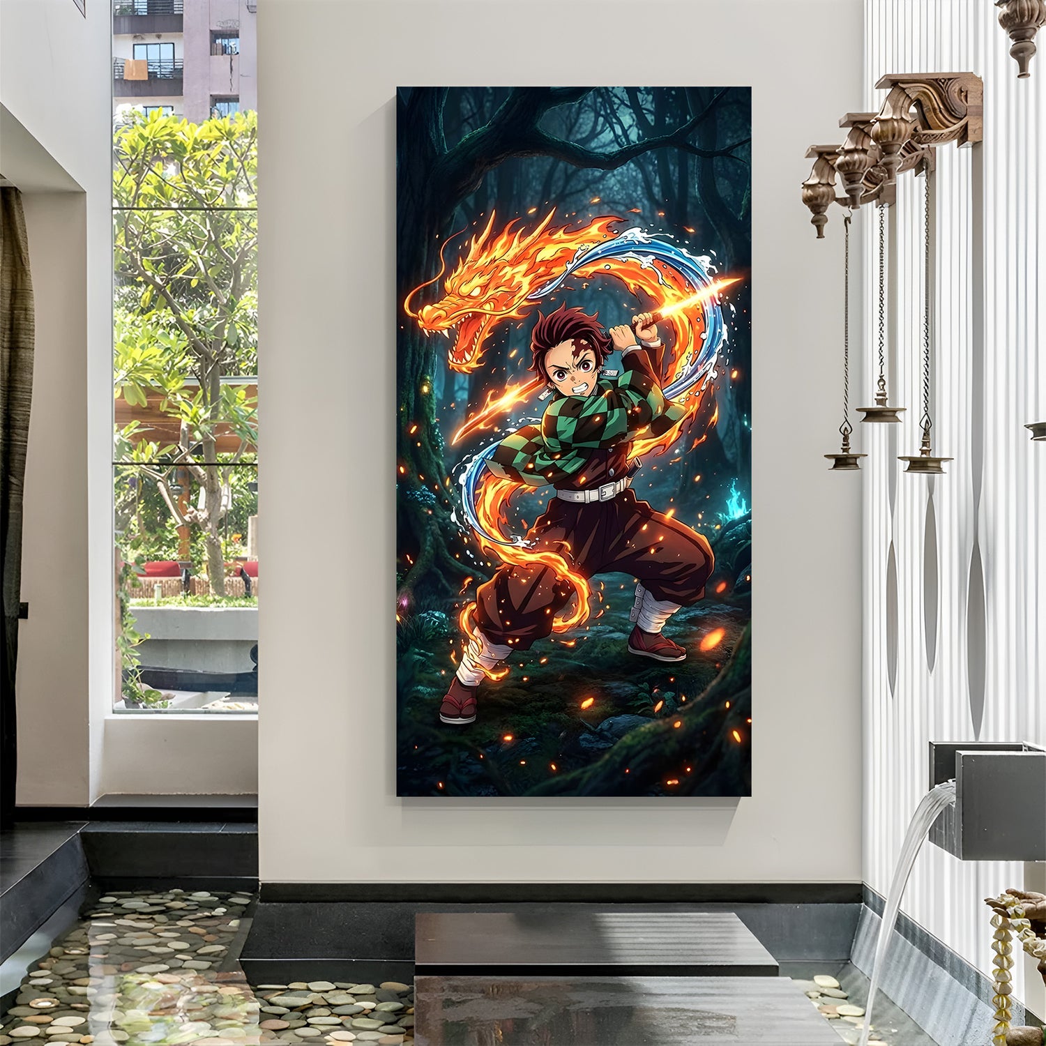 Tanjiro Kamado fighting pose canvas painting with Hinokami Kagura and Water Breathing anime artwork in canvas wrapped frame