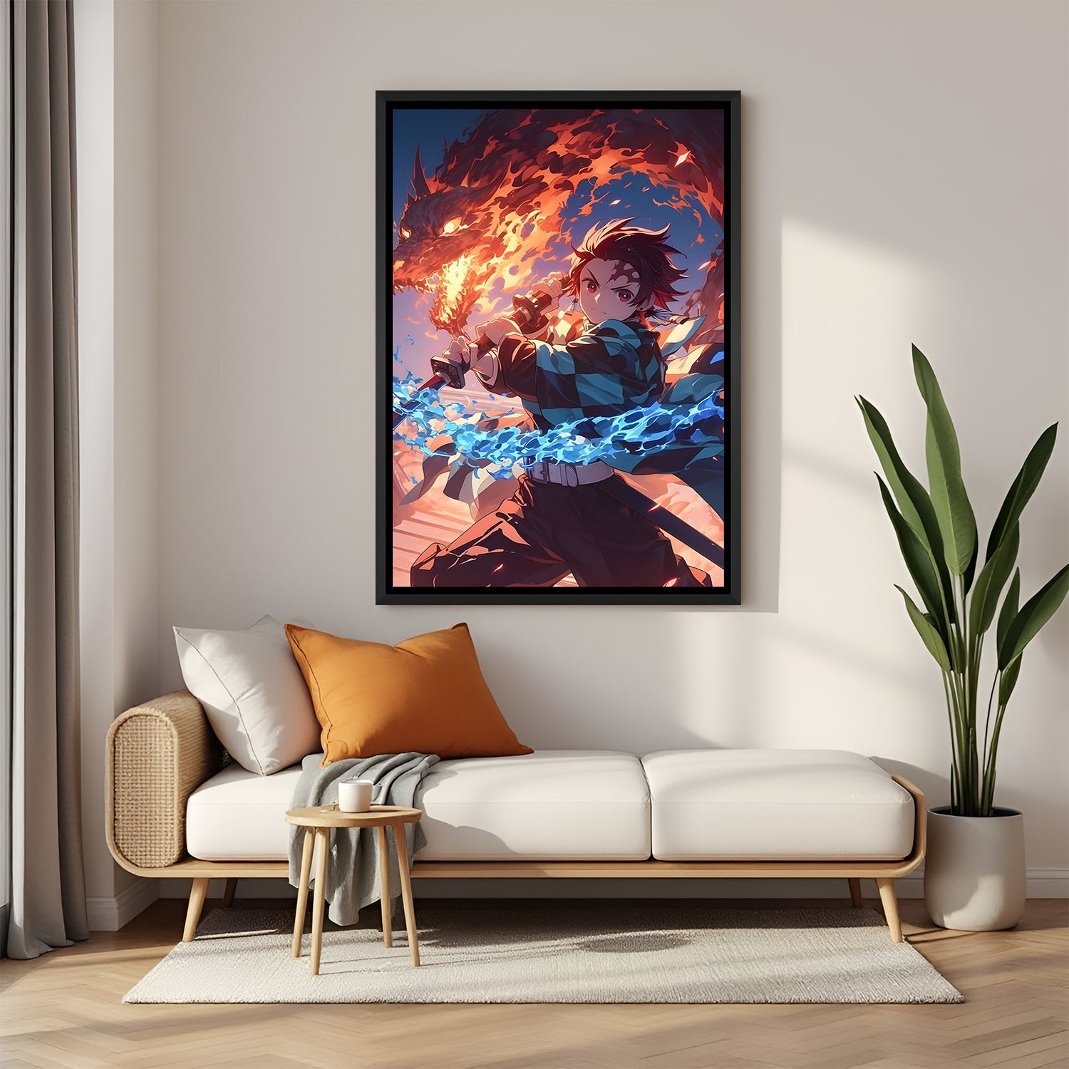 Tanjiro Kamado Fire Dragon anime canvas artwork with water effects in premium black floater frame