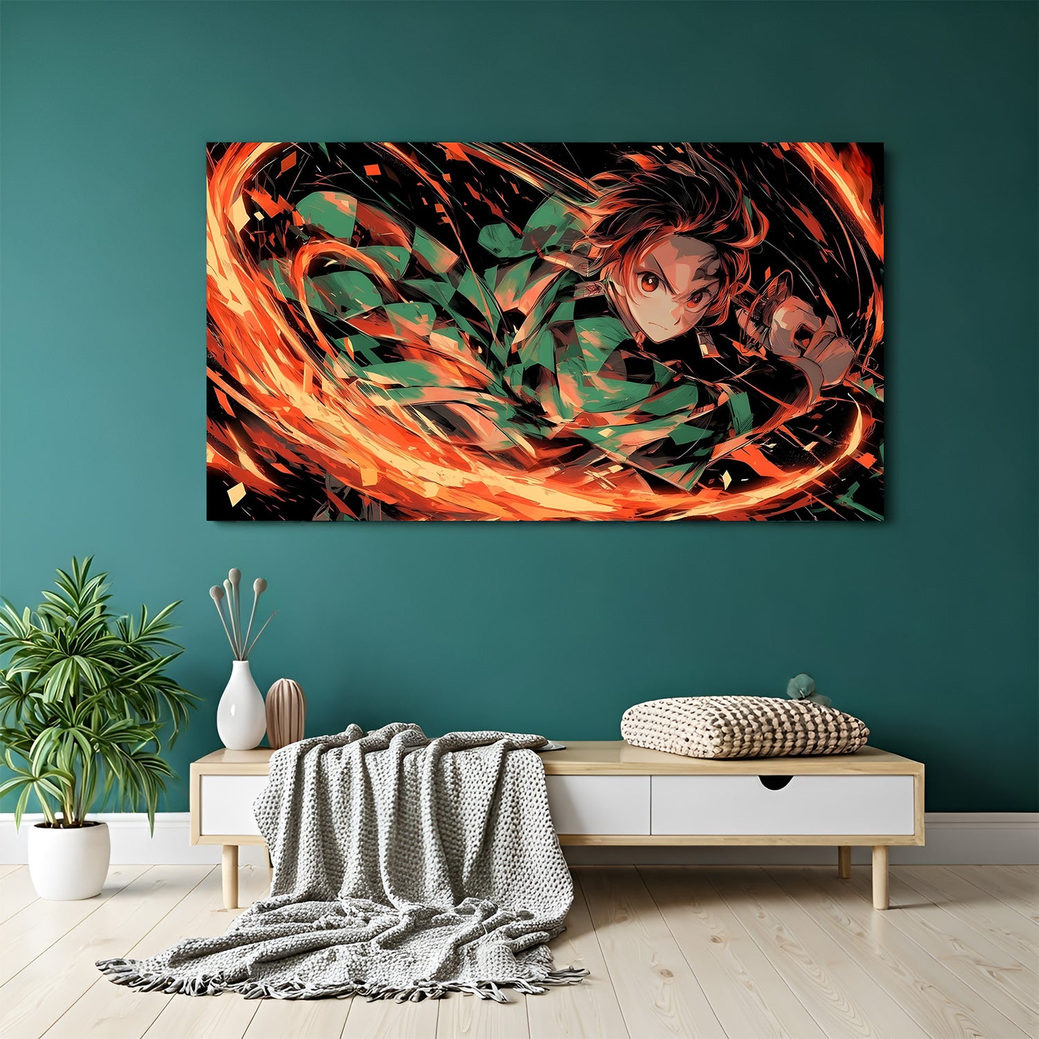 Tanjiro Kamado Hinokami Kagura canvas painting with fiery anime artwork in canvas wrapped frame