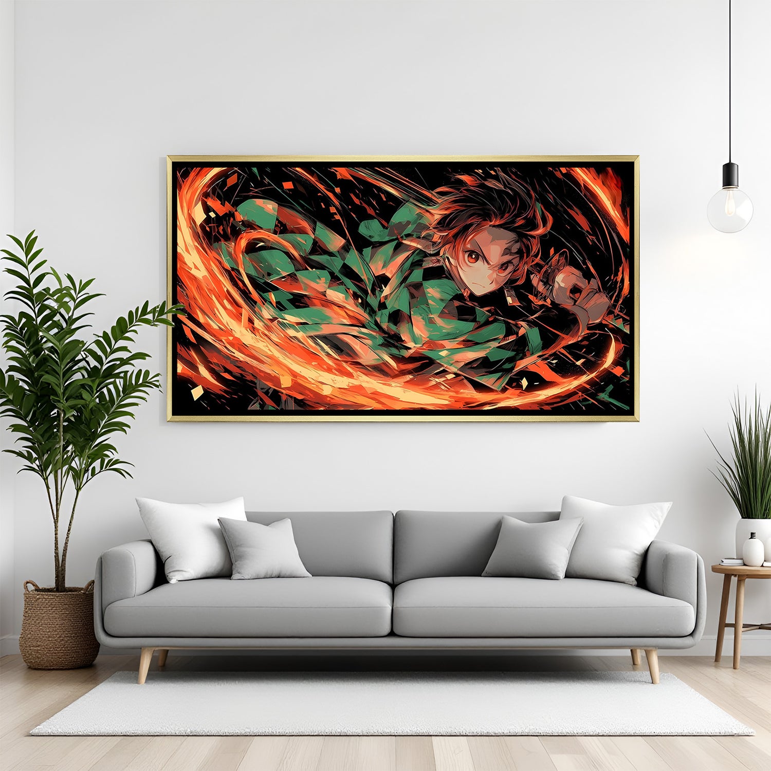 Tanjiro Kamado Demon Slayer wall art in luxury golden floater frame with Hinokami Kagura design