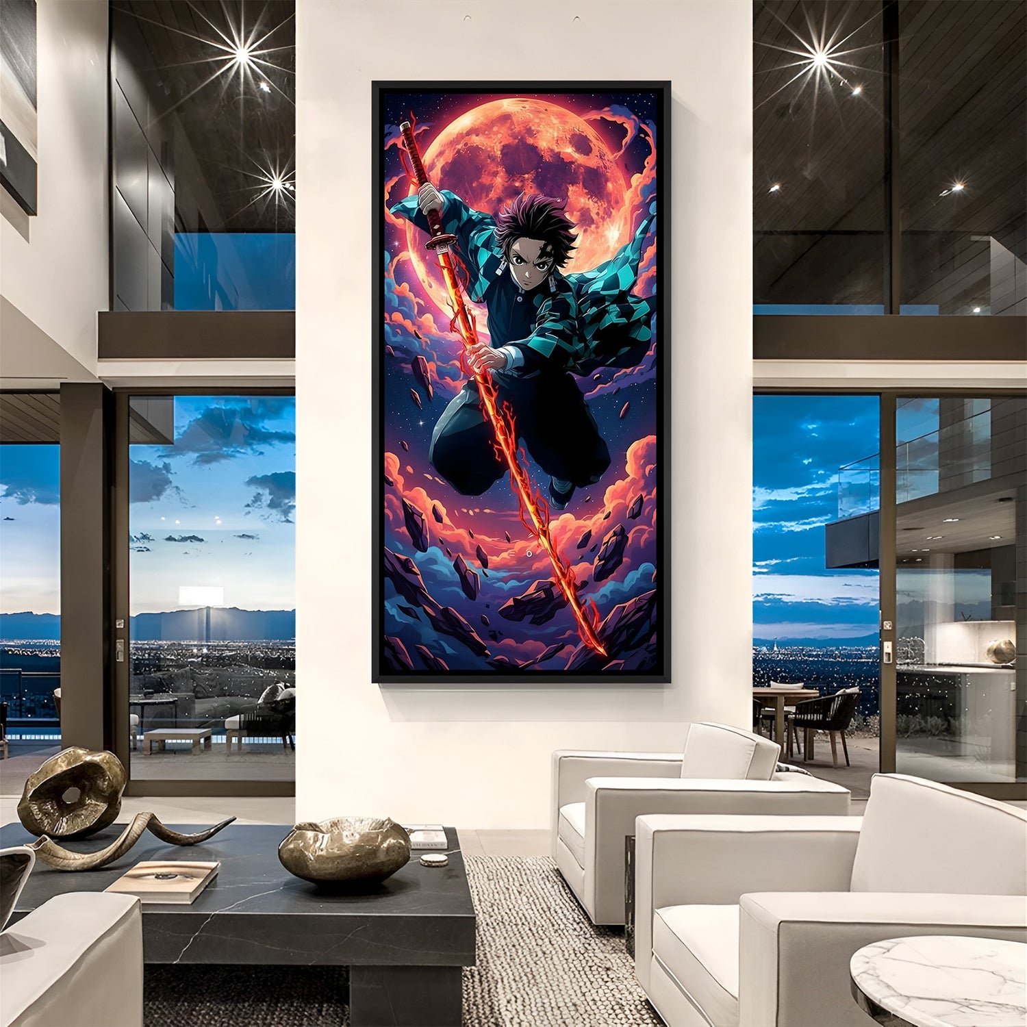 Tanjiro Kamado moon anime canvas artwork in premium black floater frame