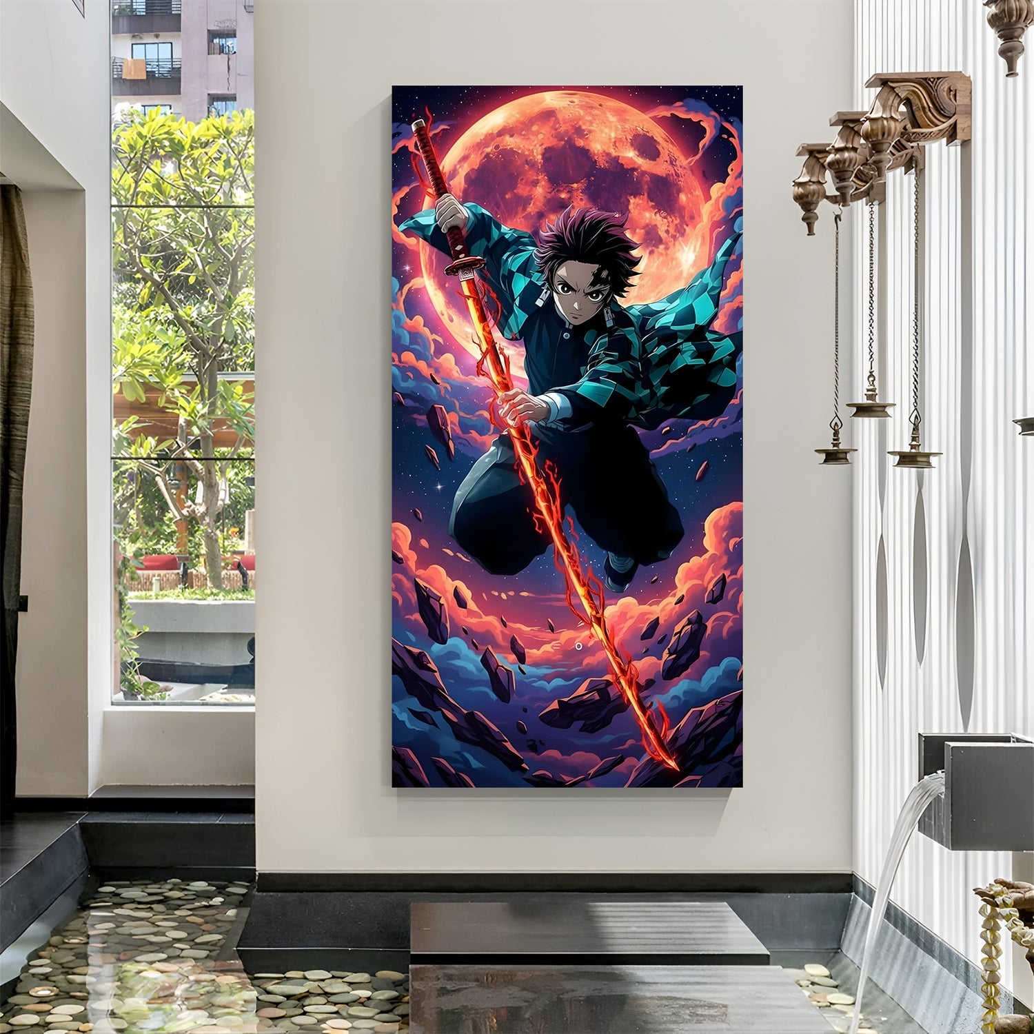 Tanjiro Kamado moon canvas painting with glowing moon anime artwork in canvas wrapped frame