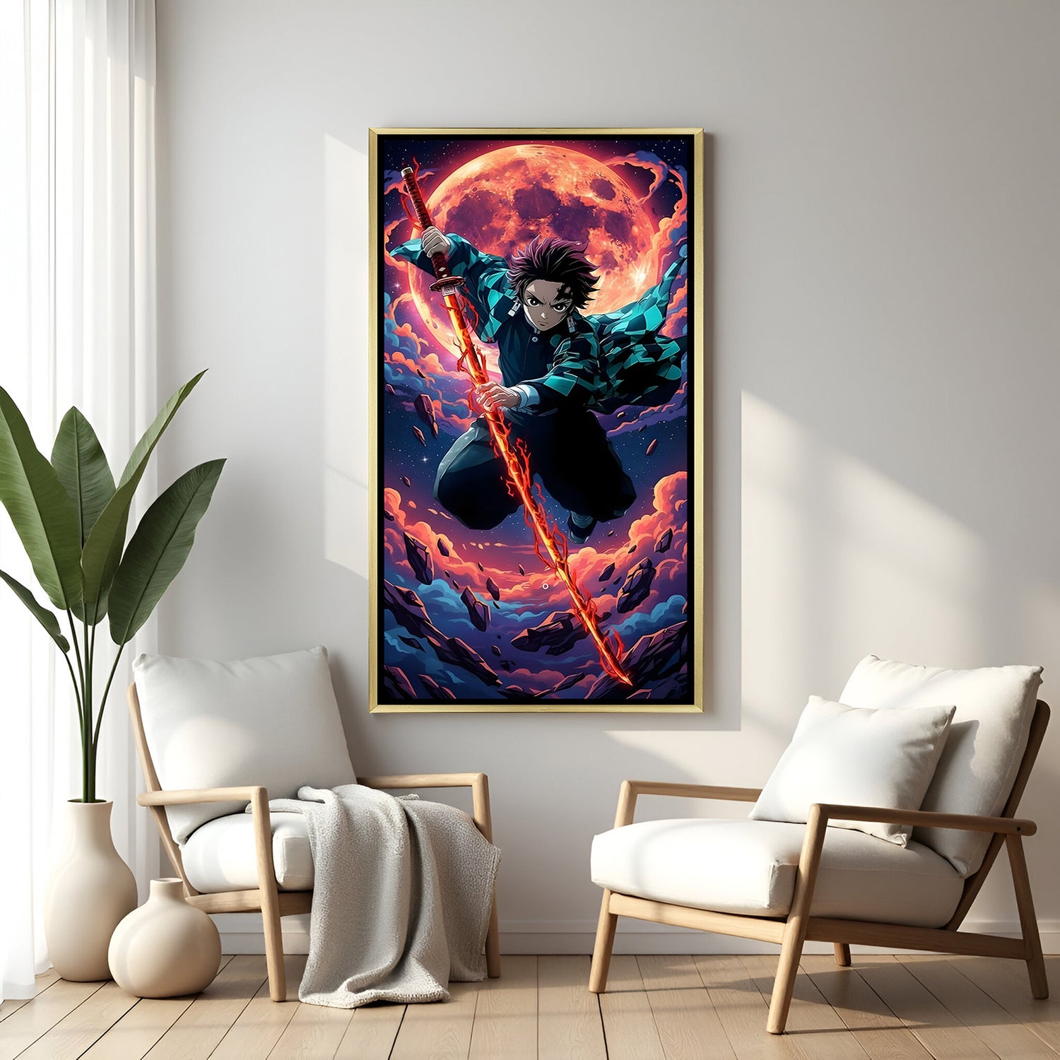 Tanjiro Kamado Demon Slayer wall art in luxury golden floater frame with moon anime design