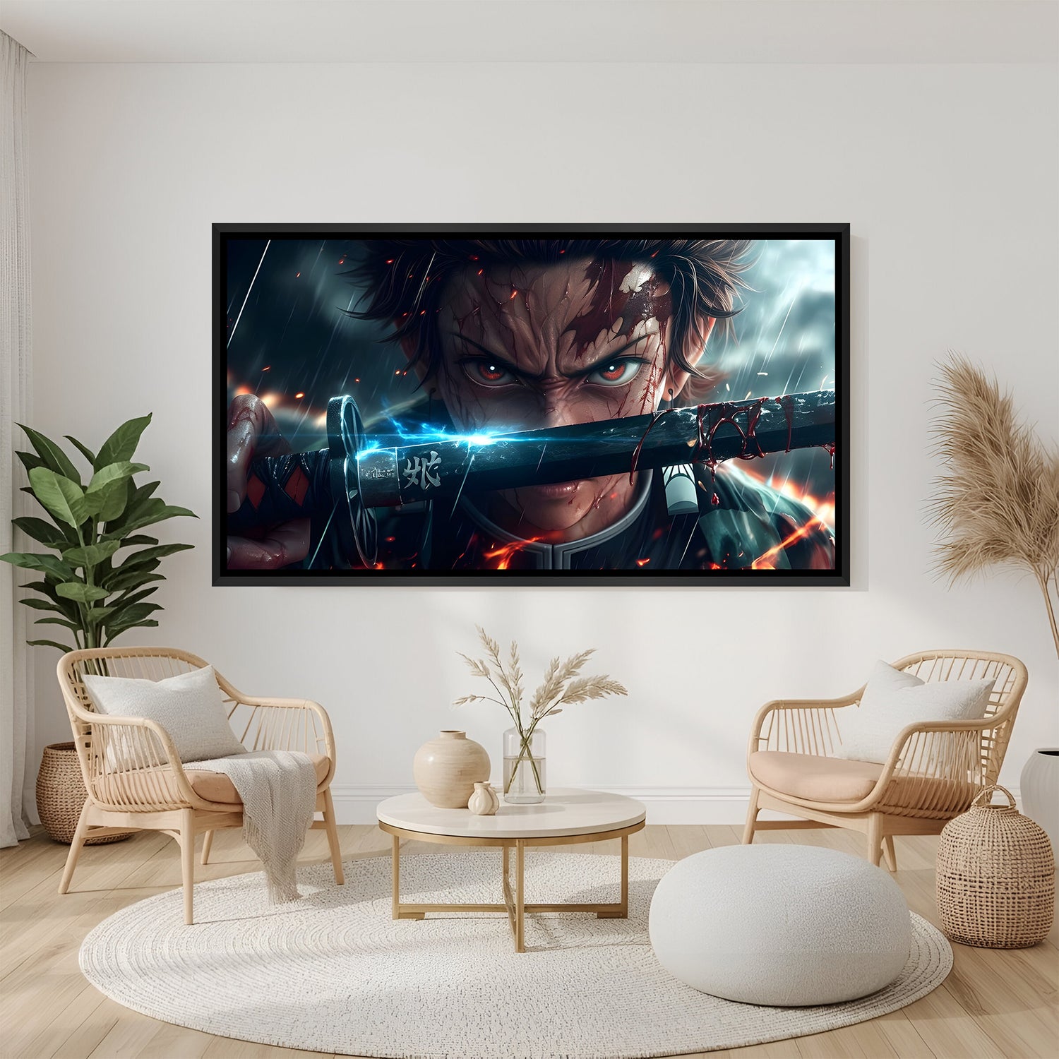Tanjiro Kamado anime canvas artwork in premium black floater frame for gaming room decor