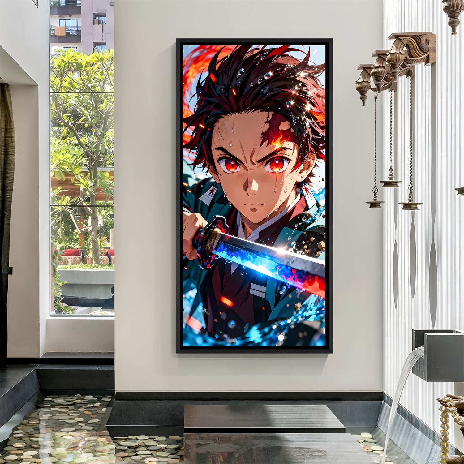 Tanjiro Kamado Water Breathing and Hinokami Kagura anime artwork in black floater frame