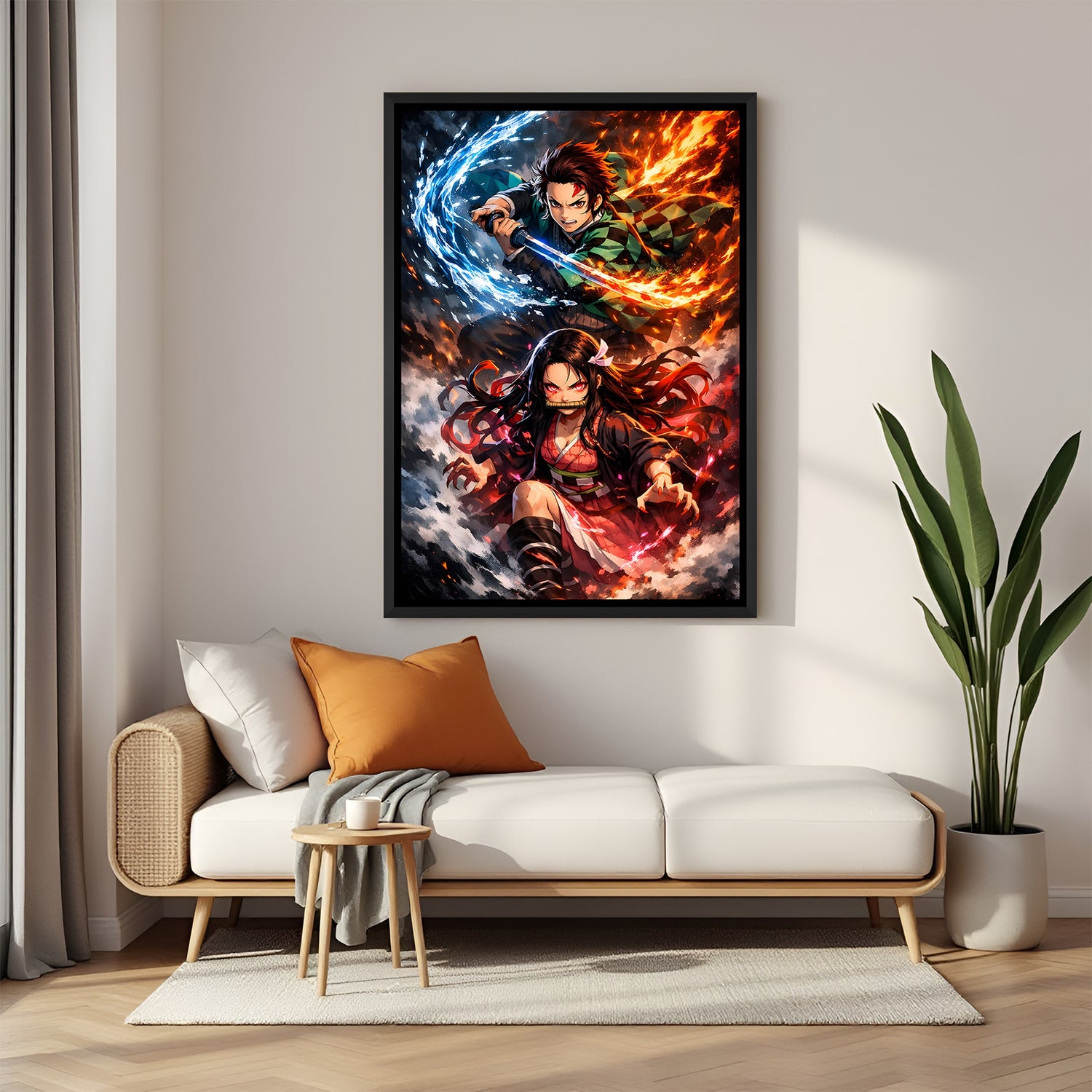 Tanjiro and Nezuko Kamado anime canvas artwork in premium black floater frame with fire and water effects