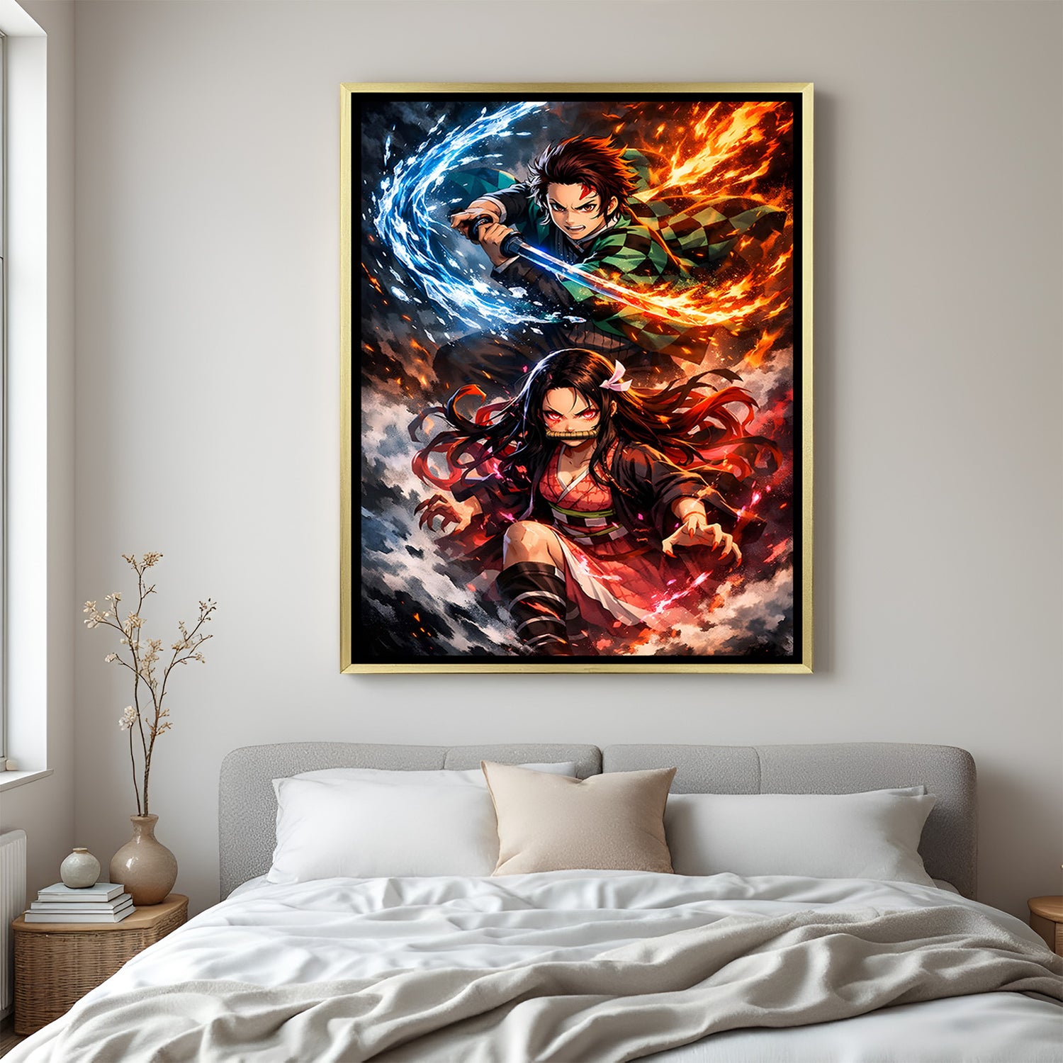 Tanjiro and Nezuko Demon Slayer wall art in luxury golden floater frame with fiery anime battle design