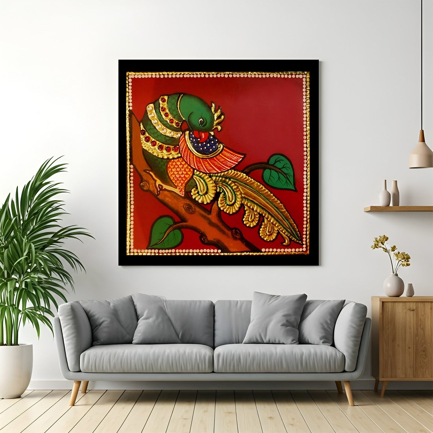 Tanjore parrot canvas painting with vibrant Indian art style and rich detailing for spiritual and traditional ethnic wall decor in home interiors