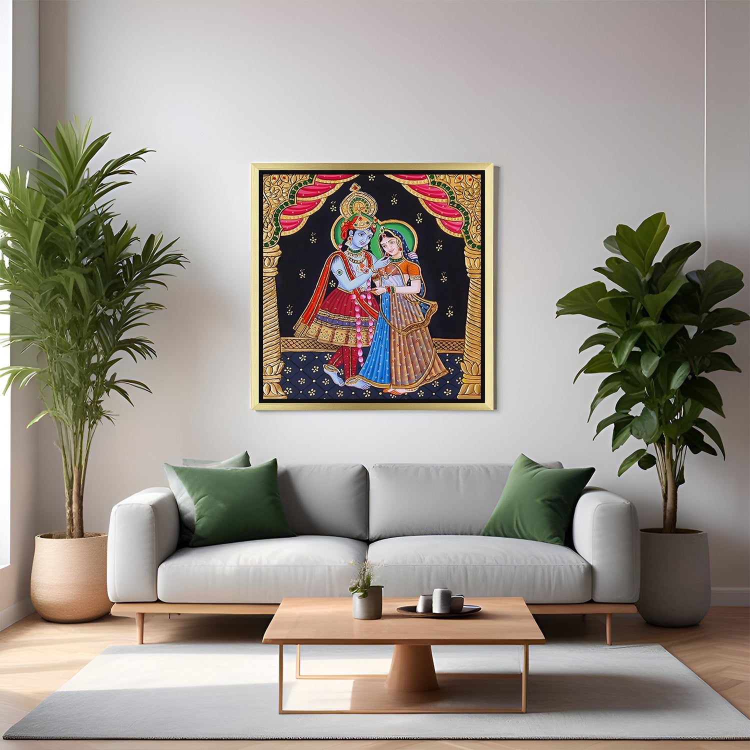 Radha Krishna Tanjore canvas in golden floater frame for traditional Indian interior and spiritual home decoration